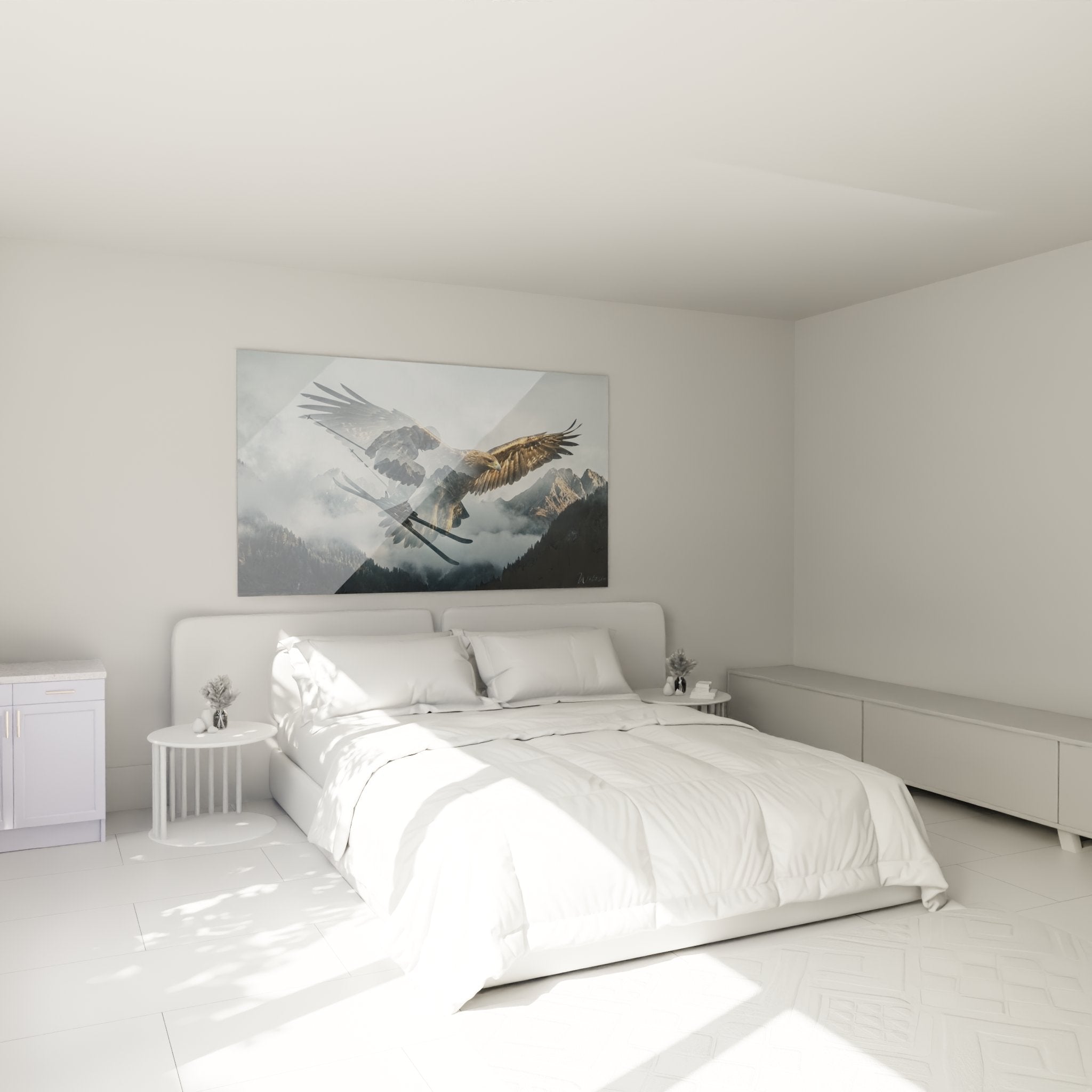 Adler Ski Wandbild im modernen Schlafzimmer über dem Bett als stilvolle Berglandschaft Dekoration