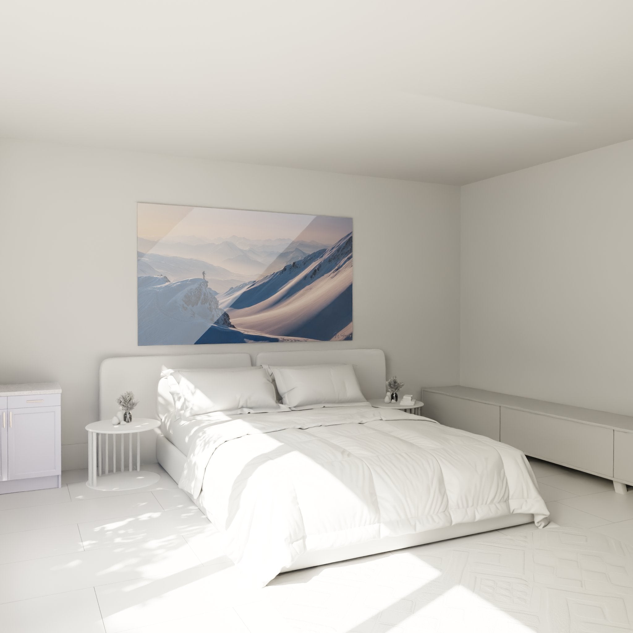 Skifahrer Bergpanorama Wandbild in modernem Schlafzimmer mit minimalistischer Einrichtung