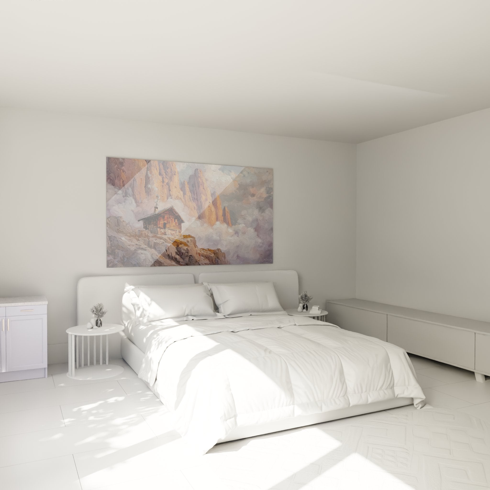 Schlafzimmer-Ambiente mit Dolomiten Wandbild einer Almhütte vor majestätischen Bergen in warmen Farbtönen