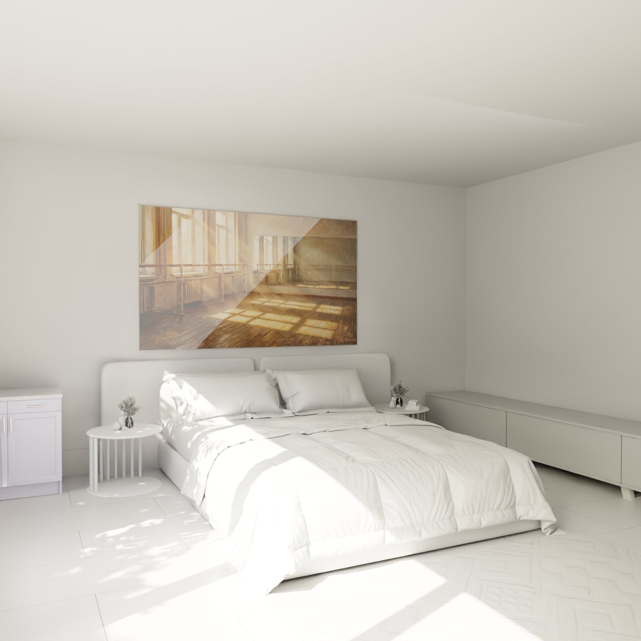 Ballettstudio Wandbild im Schlafzimmer - warme goldene Atmosphäre für entspannende Raumgestaltung