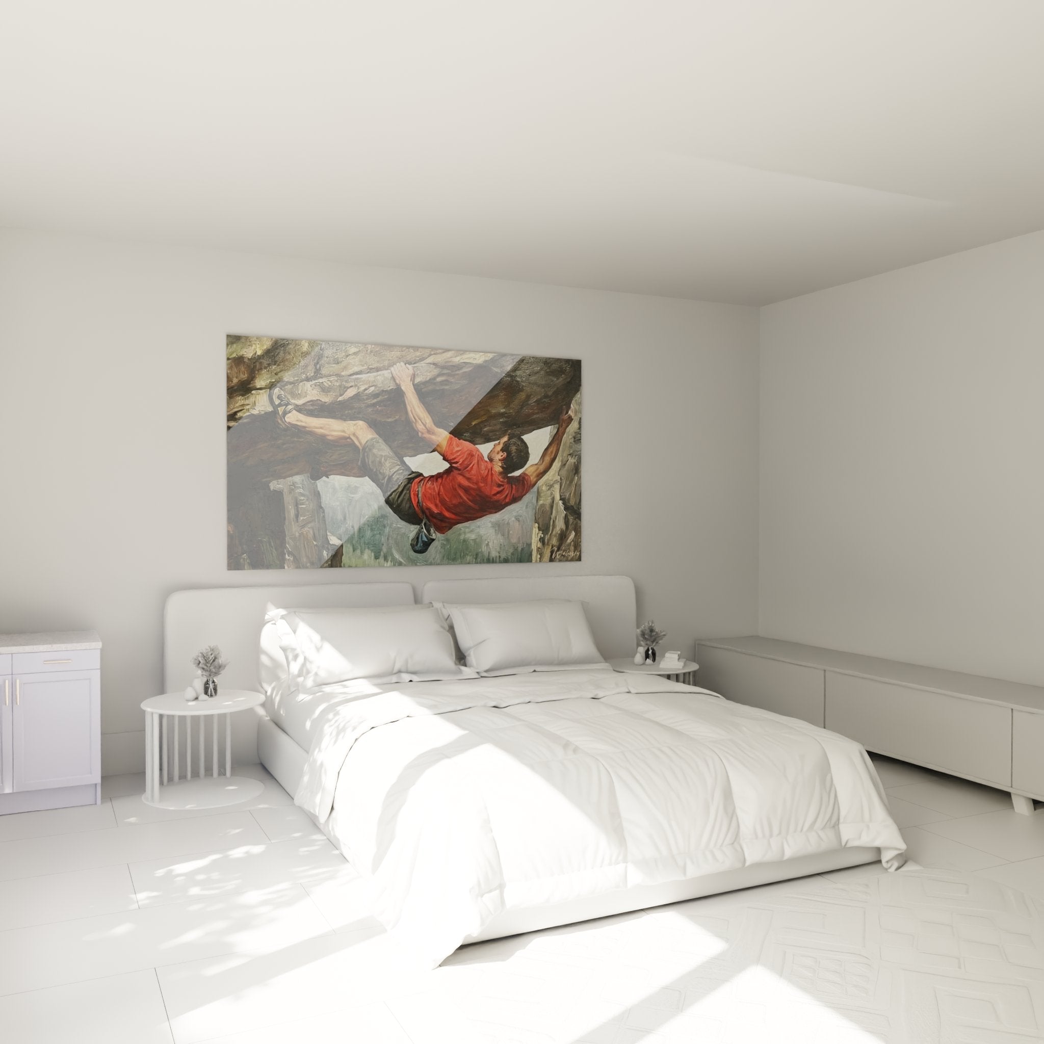 Klettern Wandbild im Schlafzimmer zeigt Freeclimber an Felswand für sportliche Wanddekoration