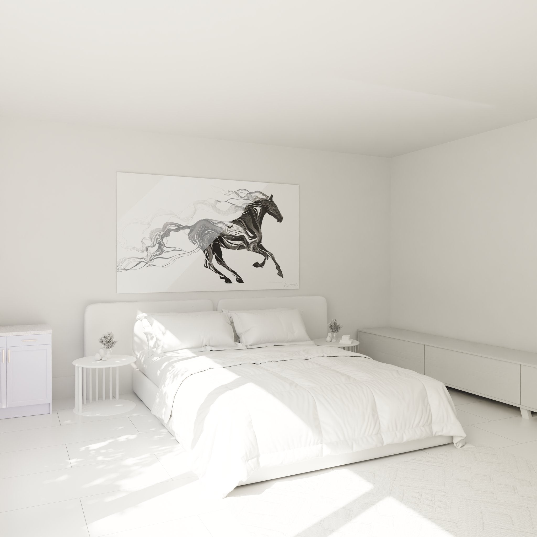 Elegantes Pferde-Wandbild im Schlafzimmer schafft beruhigende und kraftvolle Atmosphäre