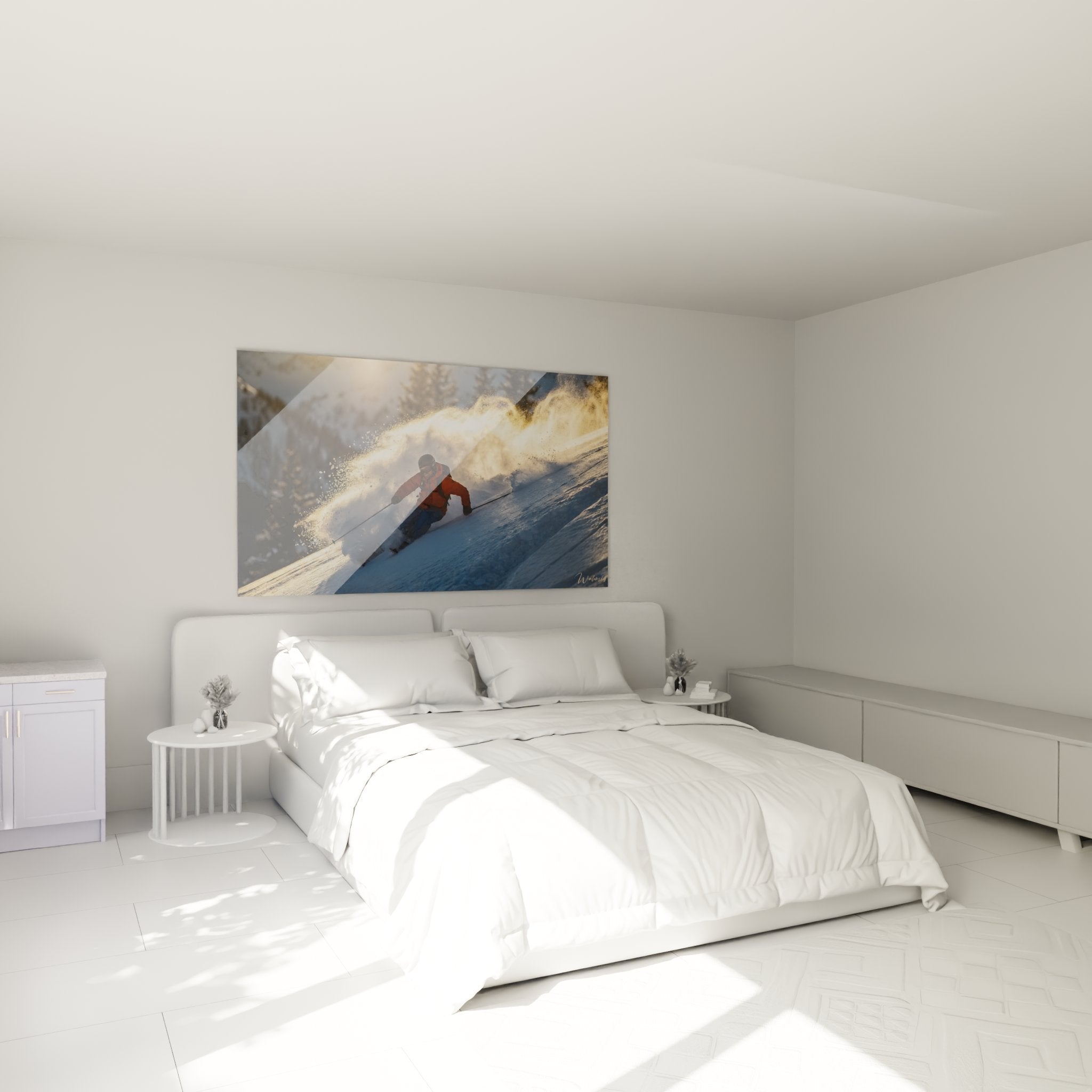 Ski Wandbild im Schlafzimmer zeigt dynamischen Skifahrer im Pulverschnee für alpine Wohnatmosphäre