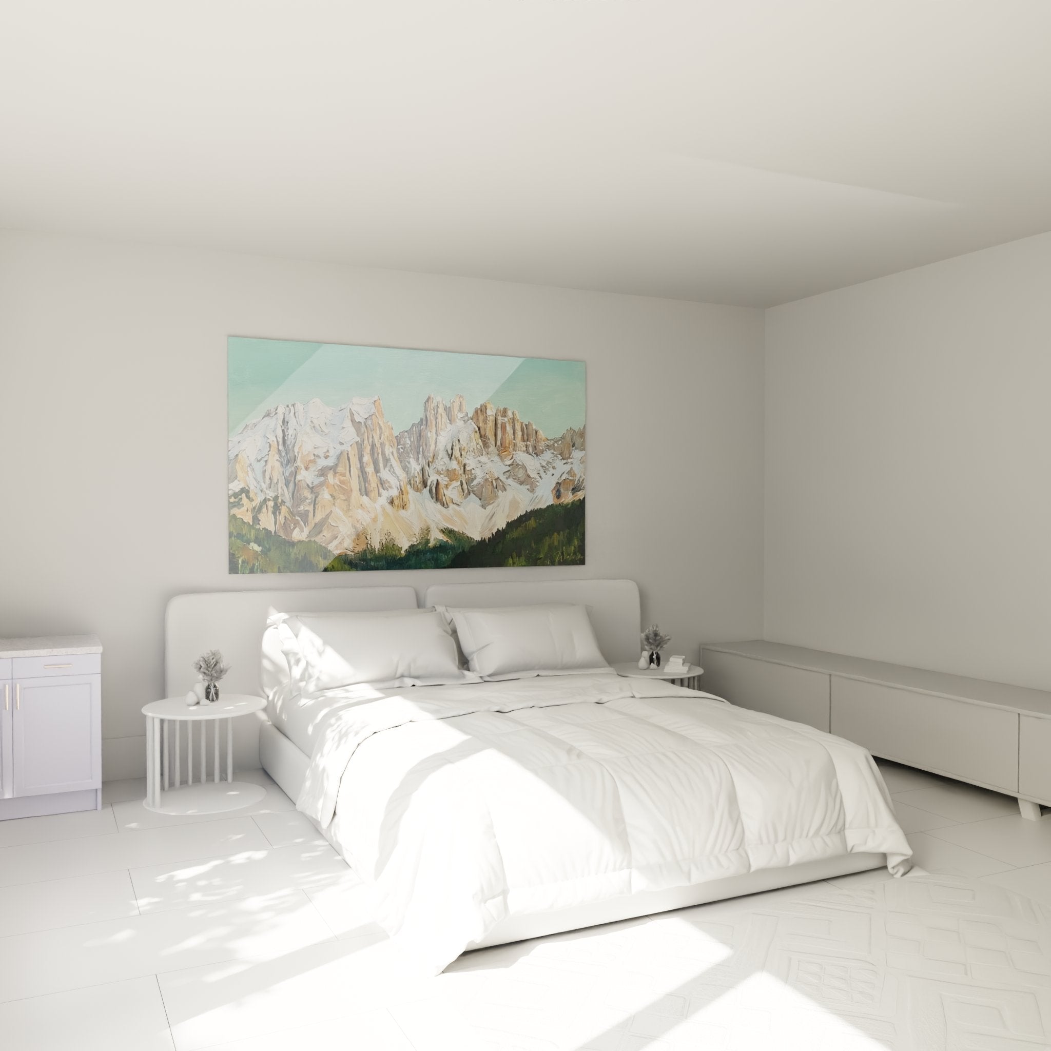 Dolomiten Wandbild im modernen Schlafzimmer - alpine Berglandschaft als stilvolle Wanddekoration