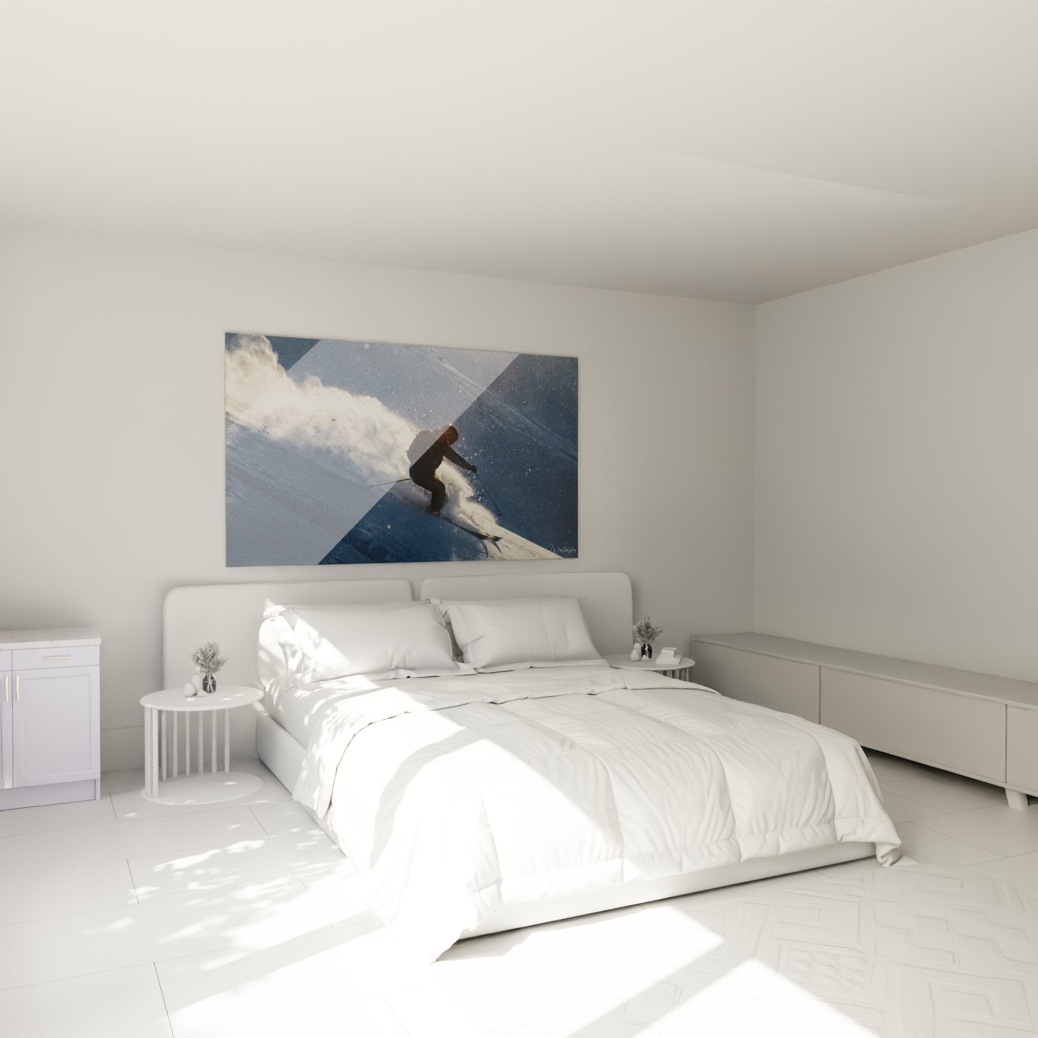 Wandbild Skifahrer Schneewolke als elegante Dekoration im modernen Schlafzimmer