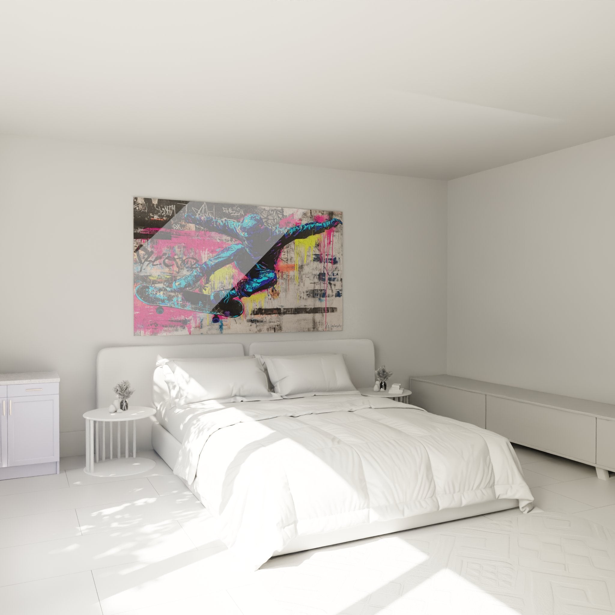 Skateboard Wandbild im Schlafzimmer zeigt urbane Kunst mit springendem Skateboarder in modernem Ambiente
