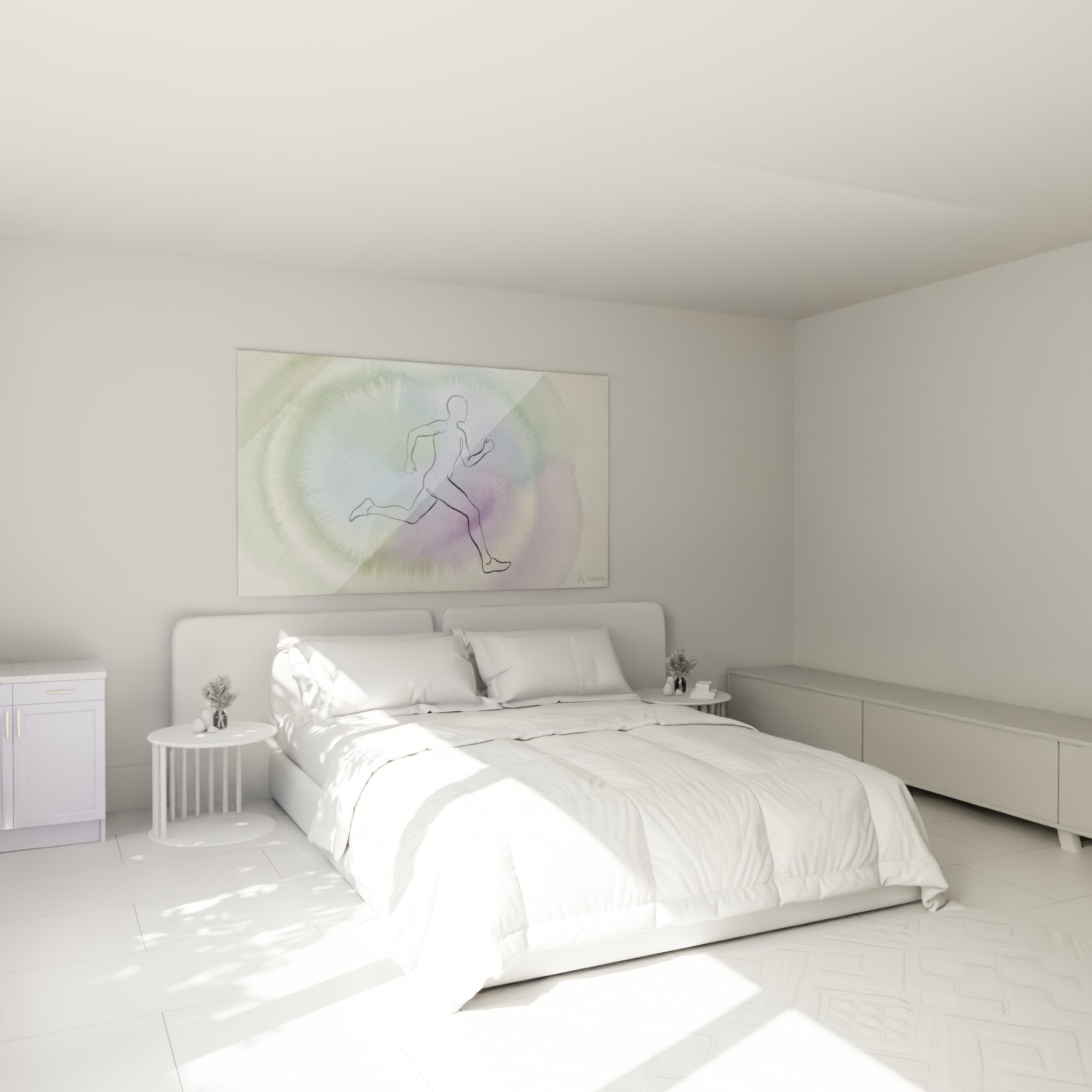 Wandbild spiritueller Läufer im Schlafzimmer-Ambiente, beruhigende Aquarell-Optik in sanften Farben