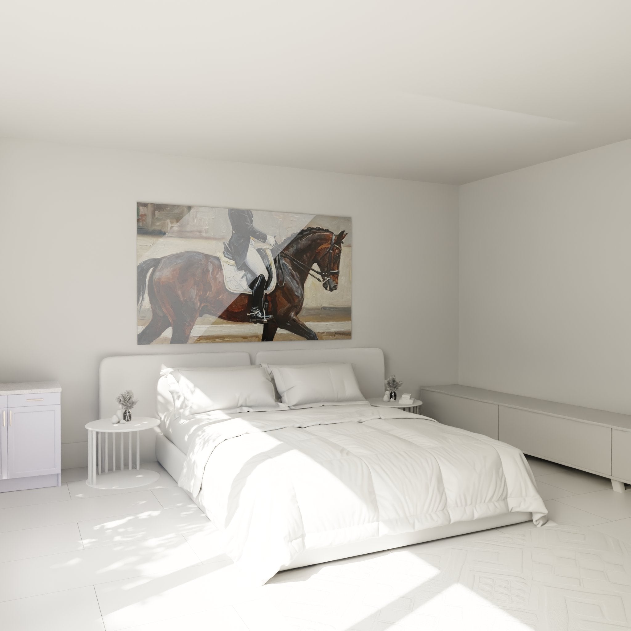 Elegantes Reitkunst Wandbild im Schlafzimmer, Dressurreiter Motiv als Wanddekoration