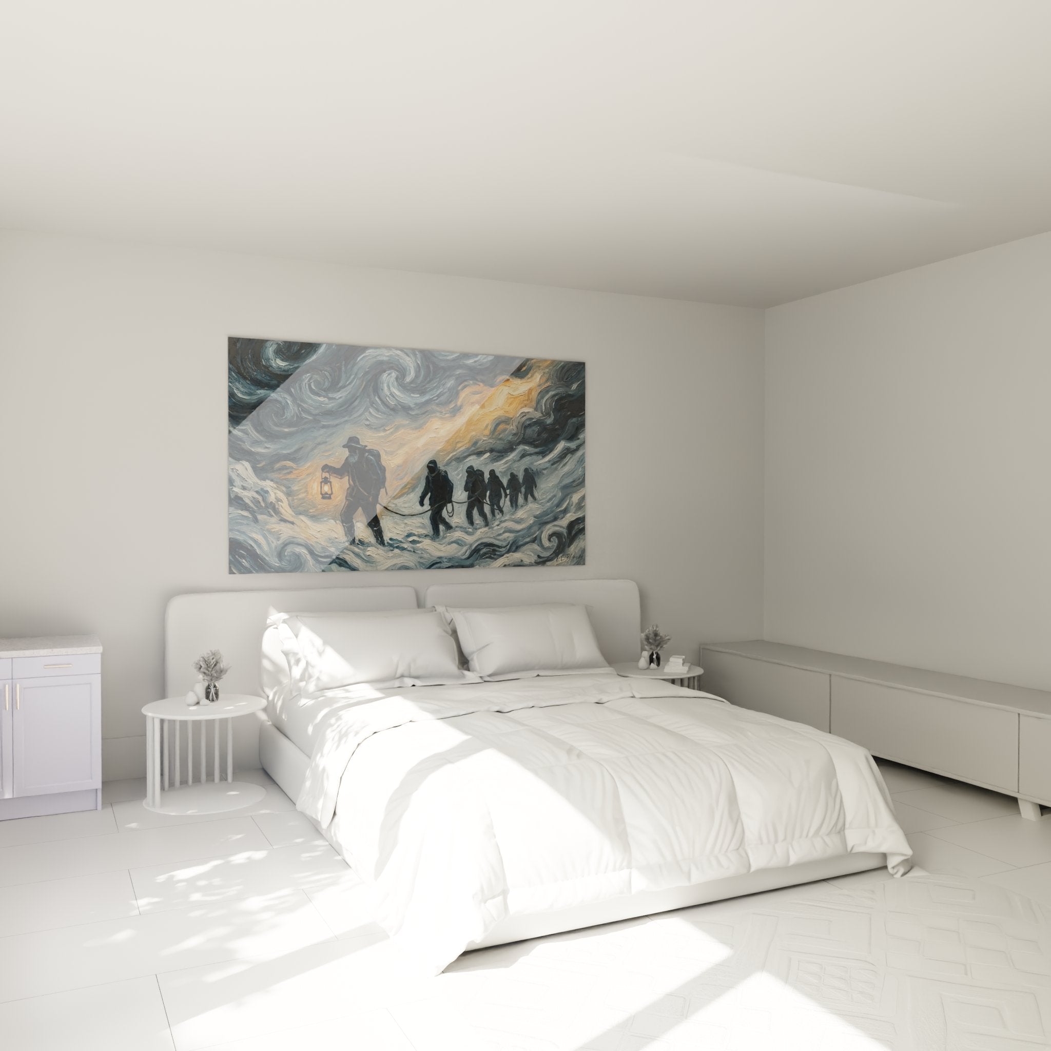 Bergsteiger Schneesturm Wandbild im Schlafzimmer Ambiente, alpine Dekoration mit warmer Laterne