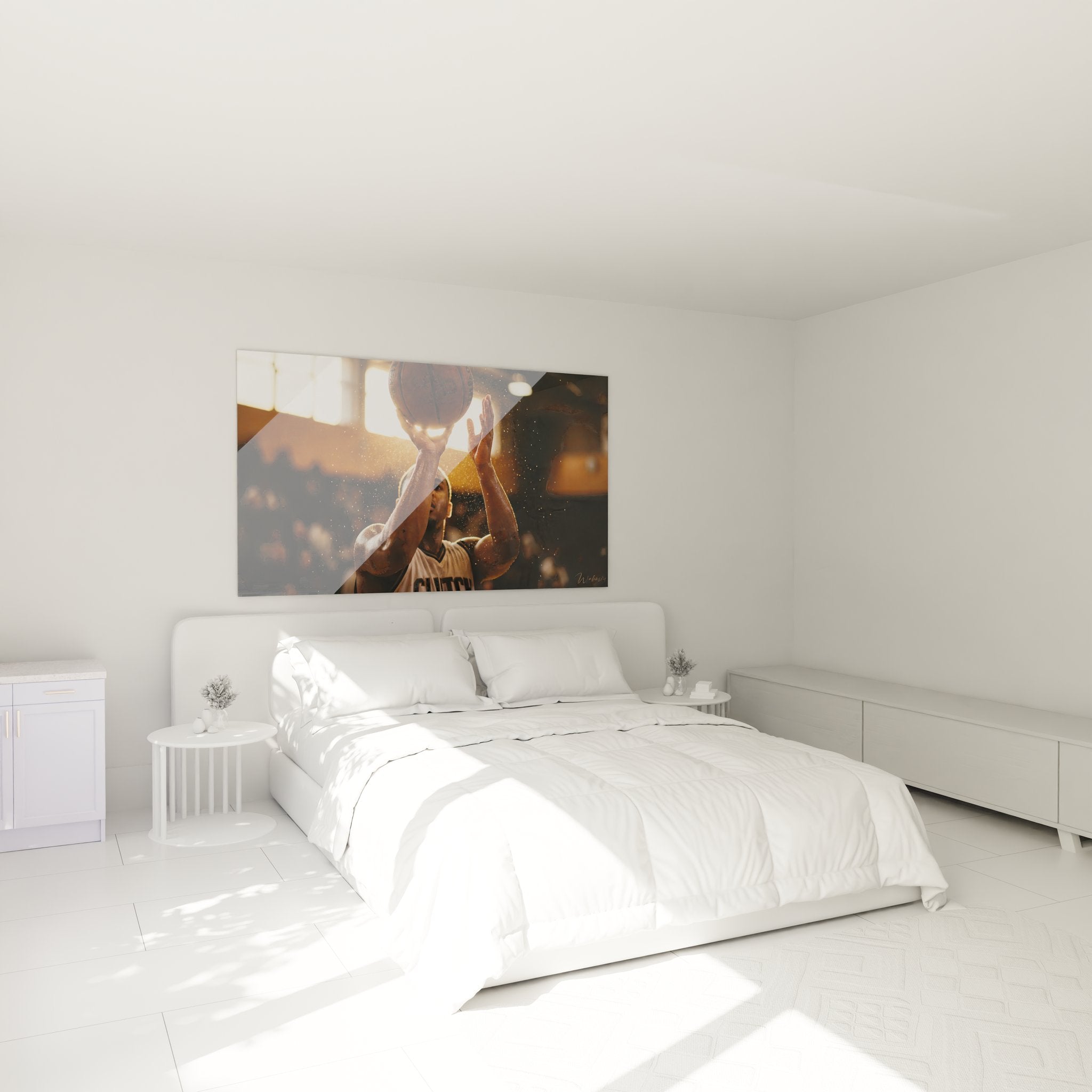 Basketball Freiwurf Wandbild in modernem Schlafzimmer mit warmer Atmosphäre