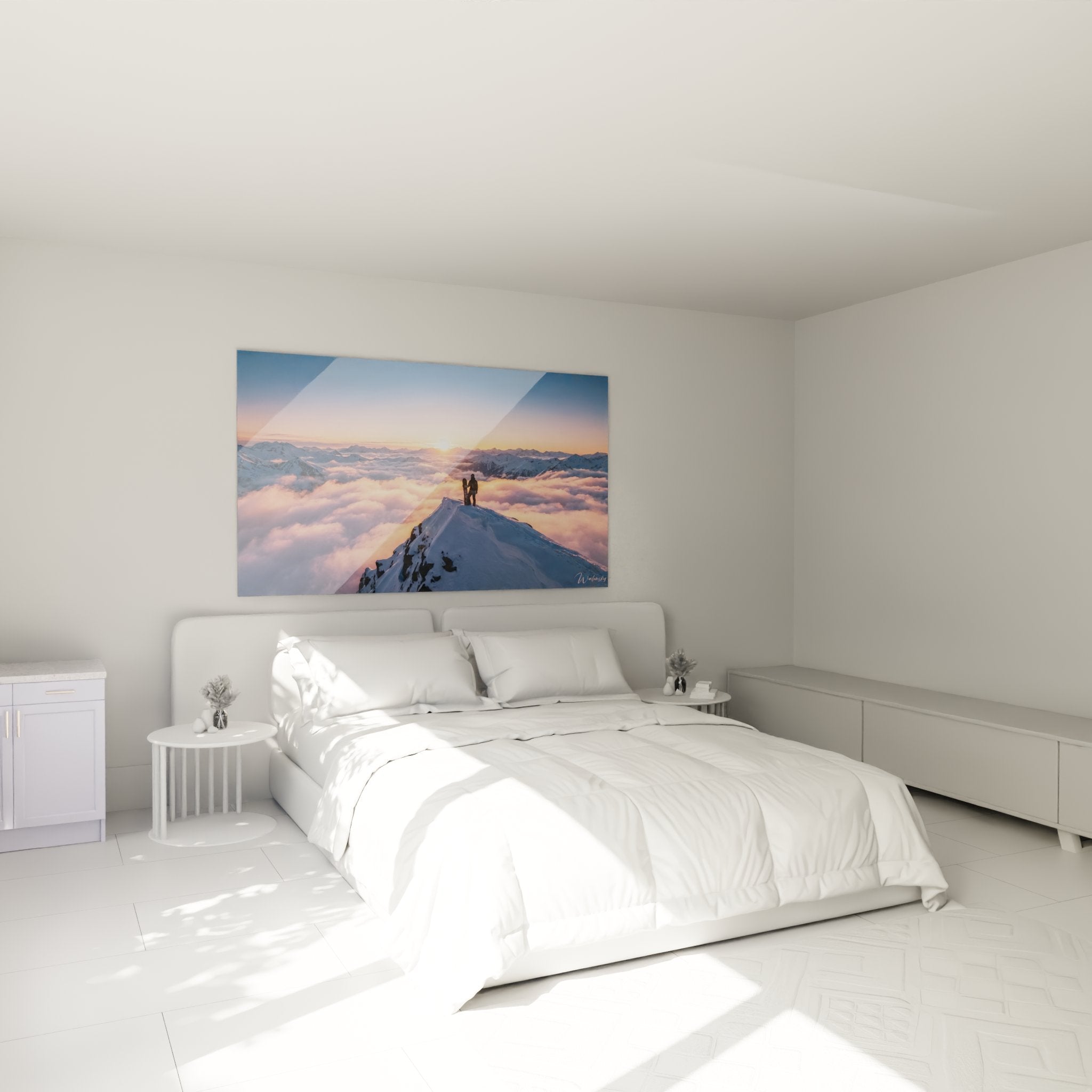 Bergsteiger Wandbild im Schlafzimmer schafft inspirierende Atmosphäre mit Gipfel und Wolkenmeer Motiv