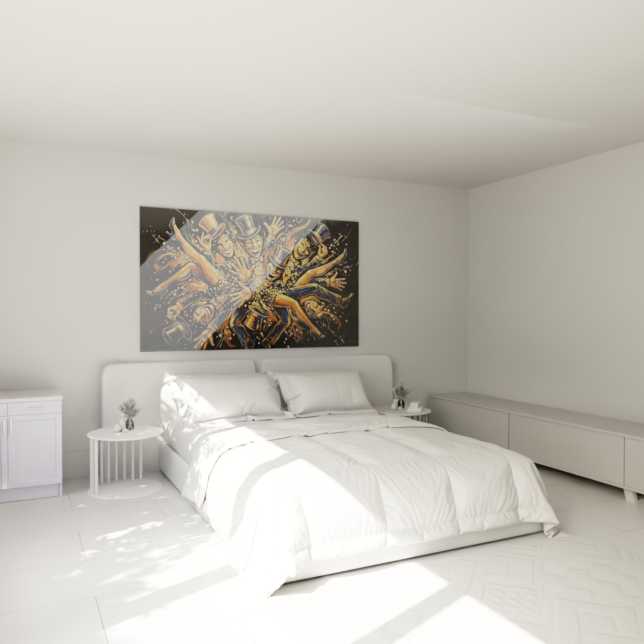 Elegantes Wandbild Festliche Euphorie im modernen Schlafzimmer, warme Atmosphäre durch goldene Akzente