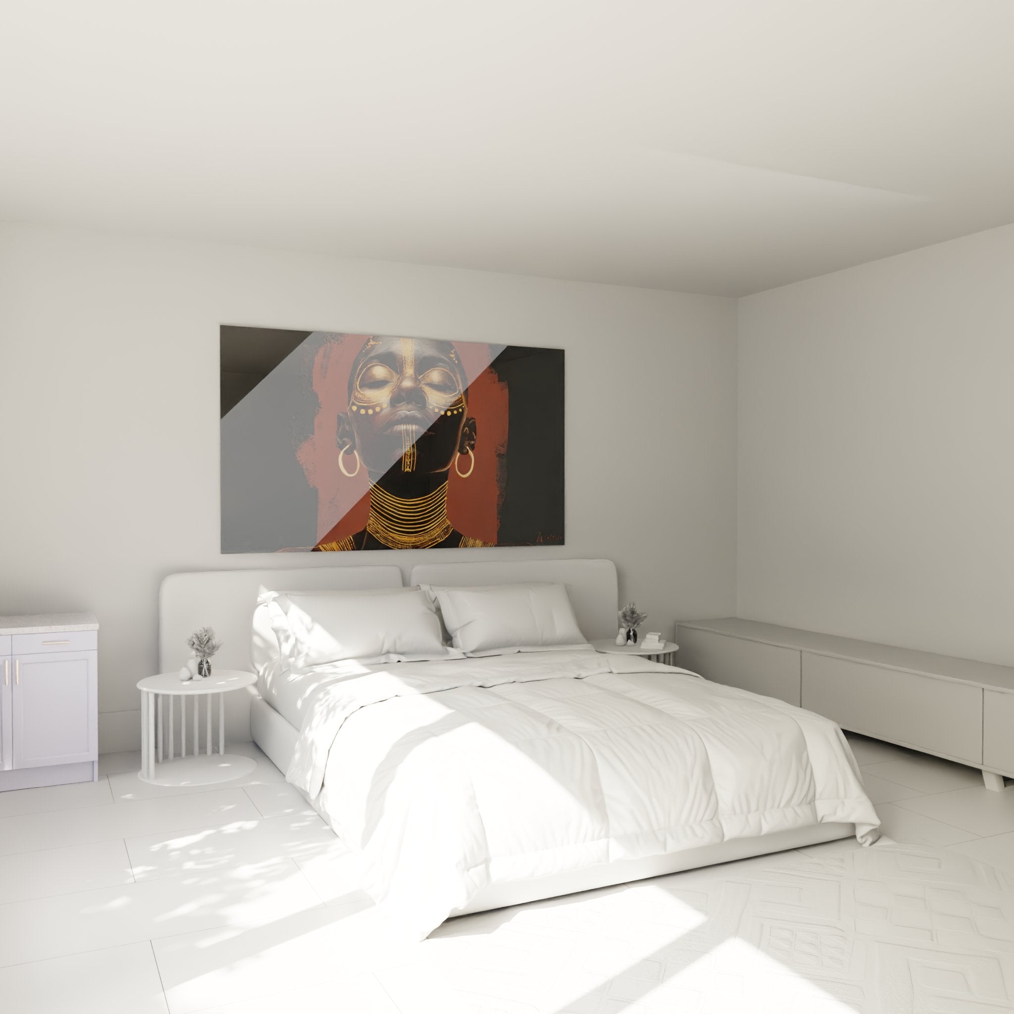 Afrikanisches Wandbild Kriegerprinzessin in elegantem Schlafzimmer mit warmer Beleuchtung
