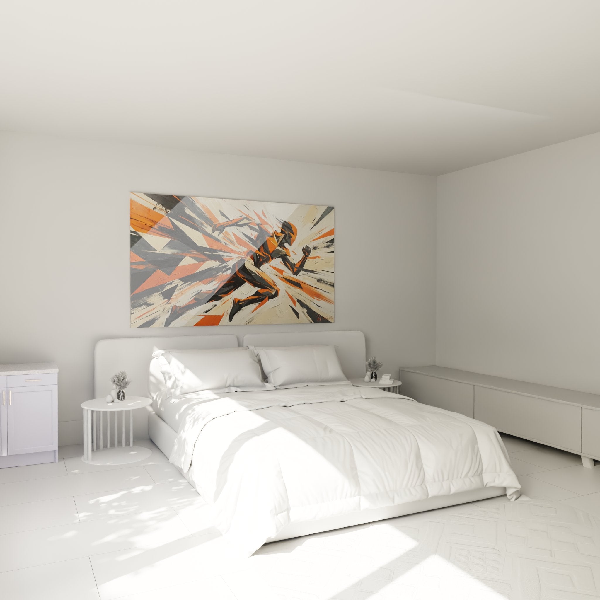 Modernes Schlafzimmer mit abstraktem Läufer Wandbild in warmen Orange- und Grautönen über dem Bett
