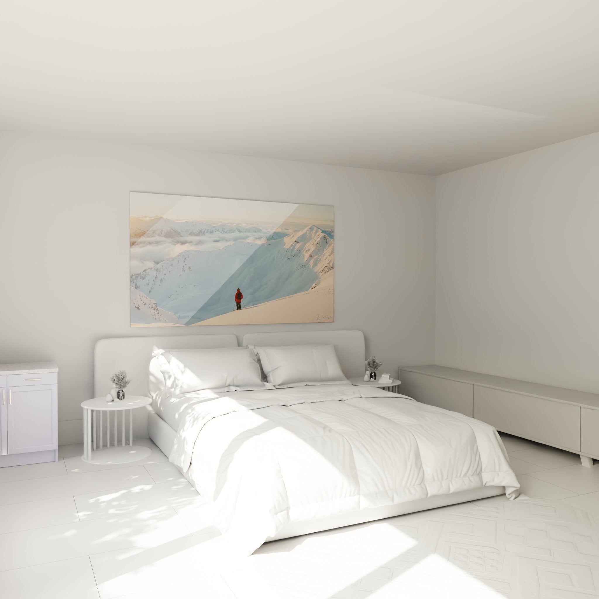 Wandbild Skifahrer Alpen über Bett im Schlafzimmer für alpine Atmosphäre und Wintersport-Feeling