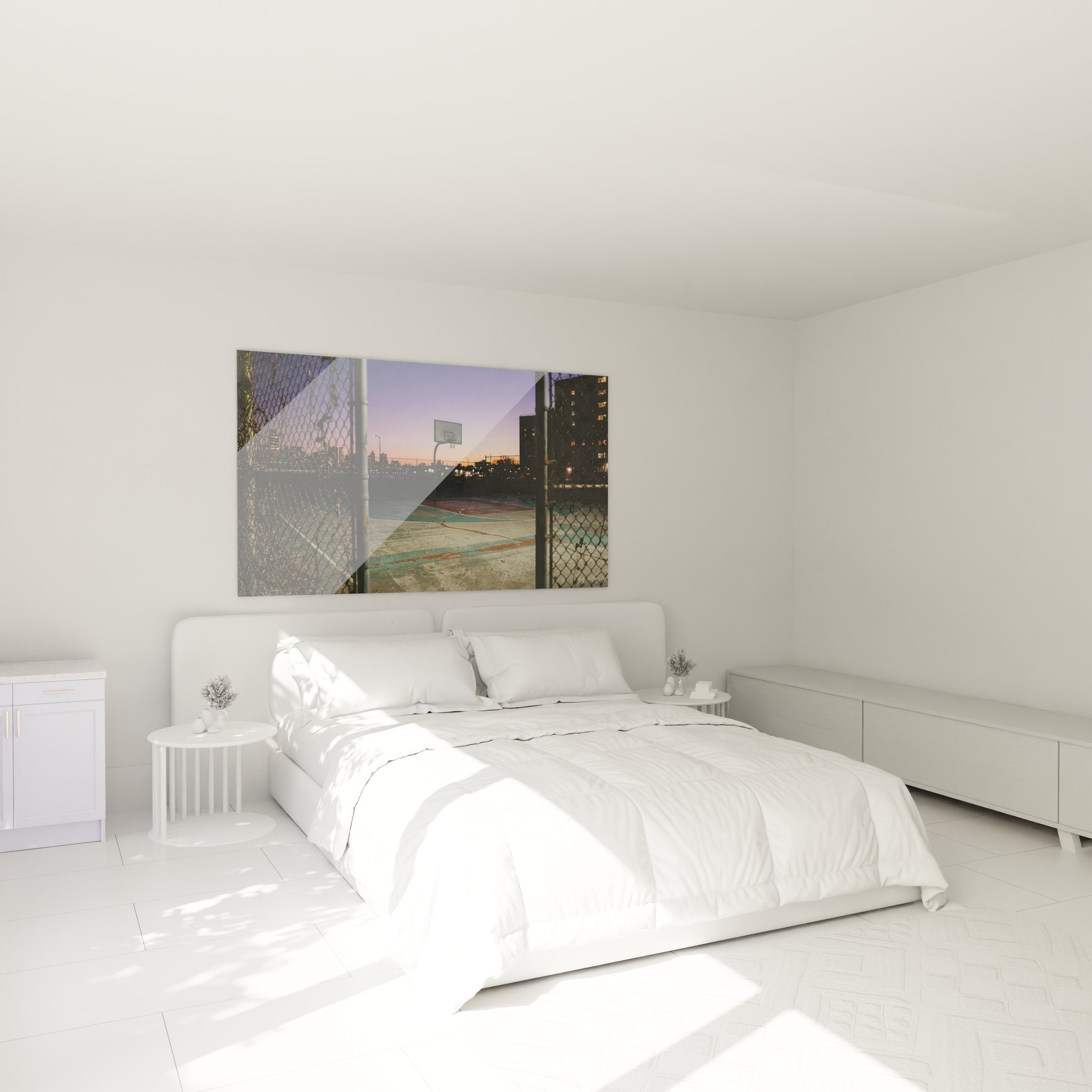 Wandbild Basketballplatz Sonnenuntergang als stilvolle Dekoration im modernen Schlafzimmer