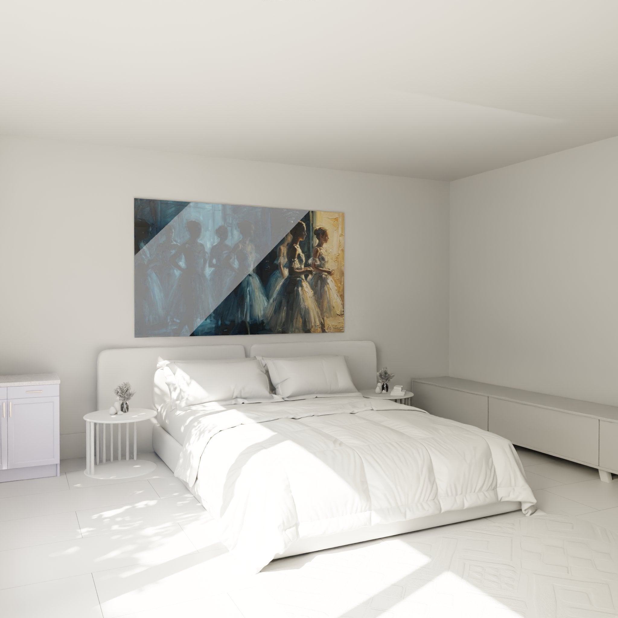 Ballerinas Wandbild in elegantem Schlafzimmer mit blauen Farbtönen harmonisch integriert