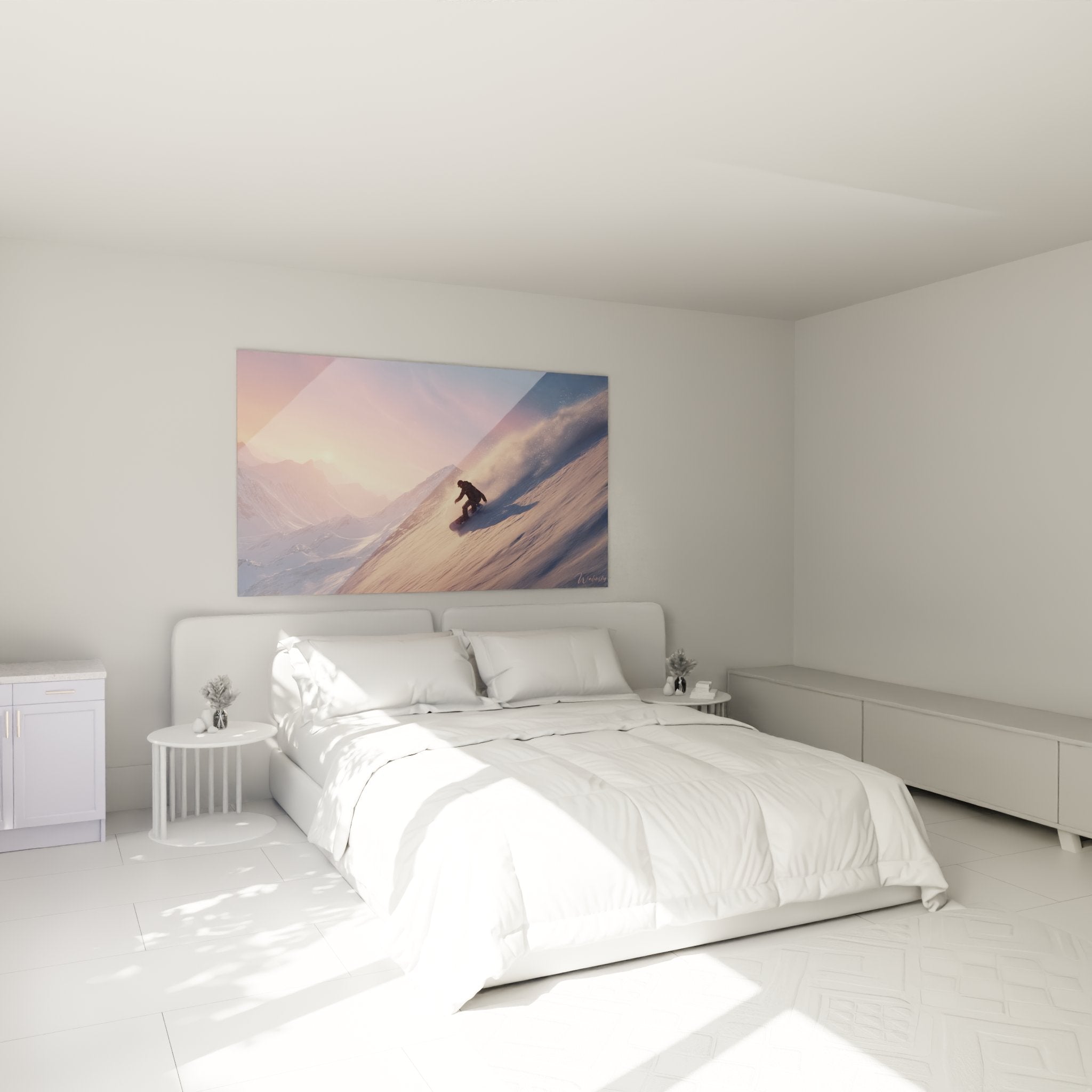 Snowboard Wandbild im Schlafzimmer mit warmem Sonnenuntergang Bergmotiv
