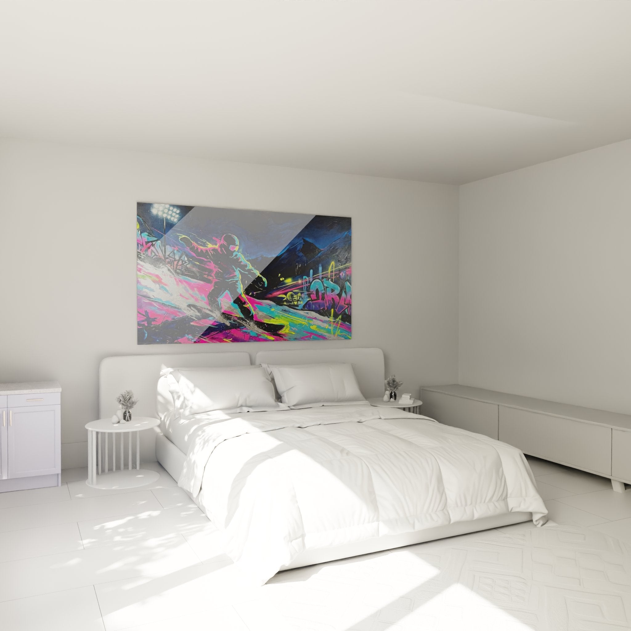 Snowboarder Graffiti Wandbild als moderne Dekoration im stilvollen Schlafzimmer