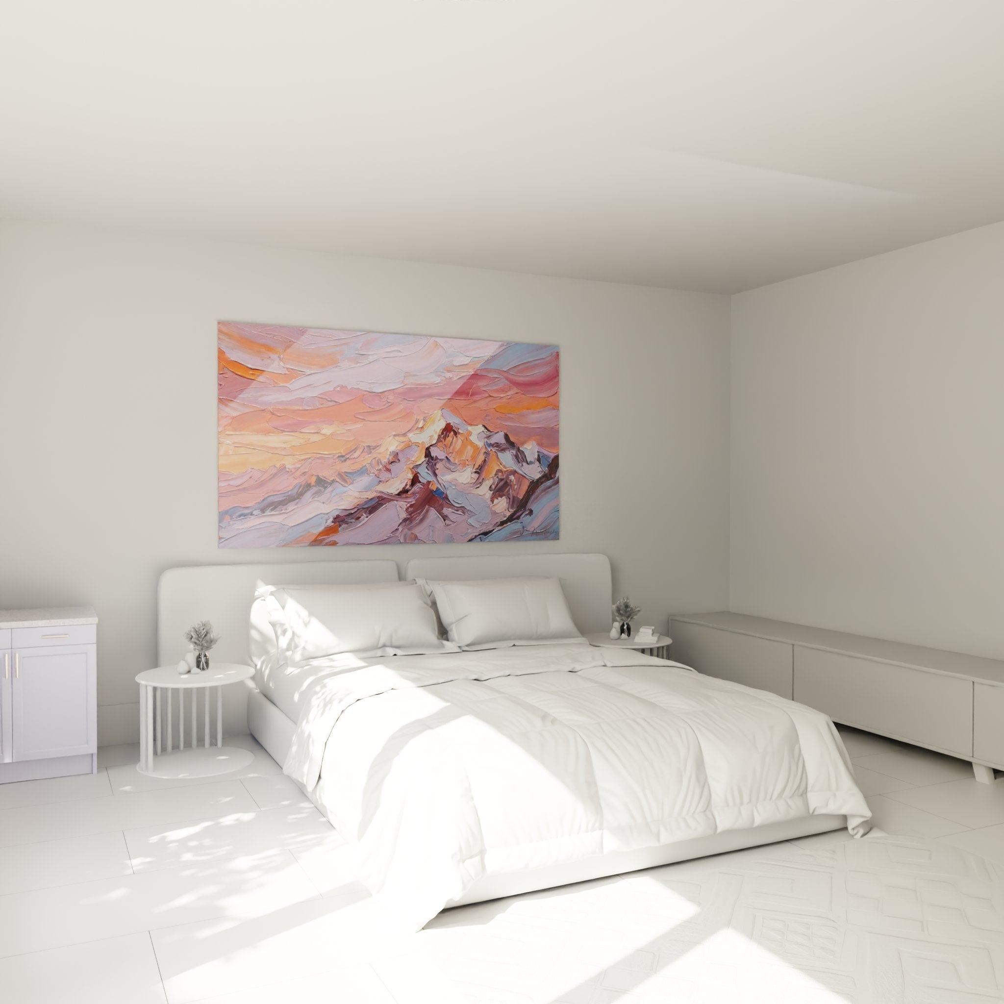 Berglandschafts-Wandbild im Schlafzimmer, das warme Sonnenuntergangsstimmung über Alpengipfeln zeigt