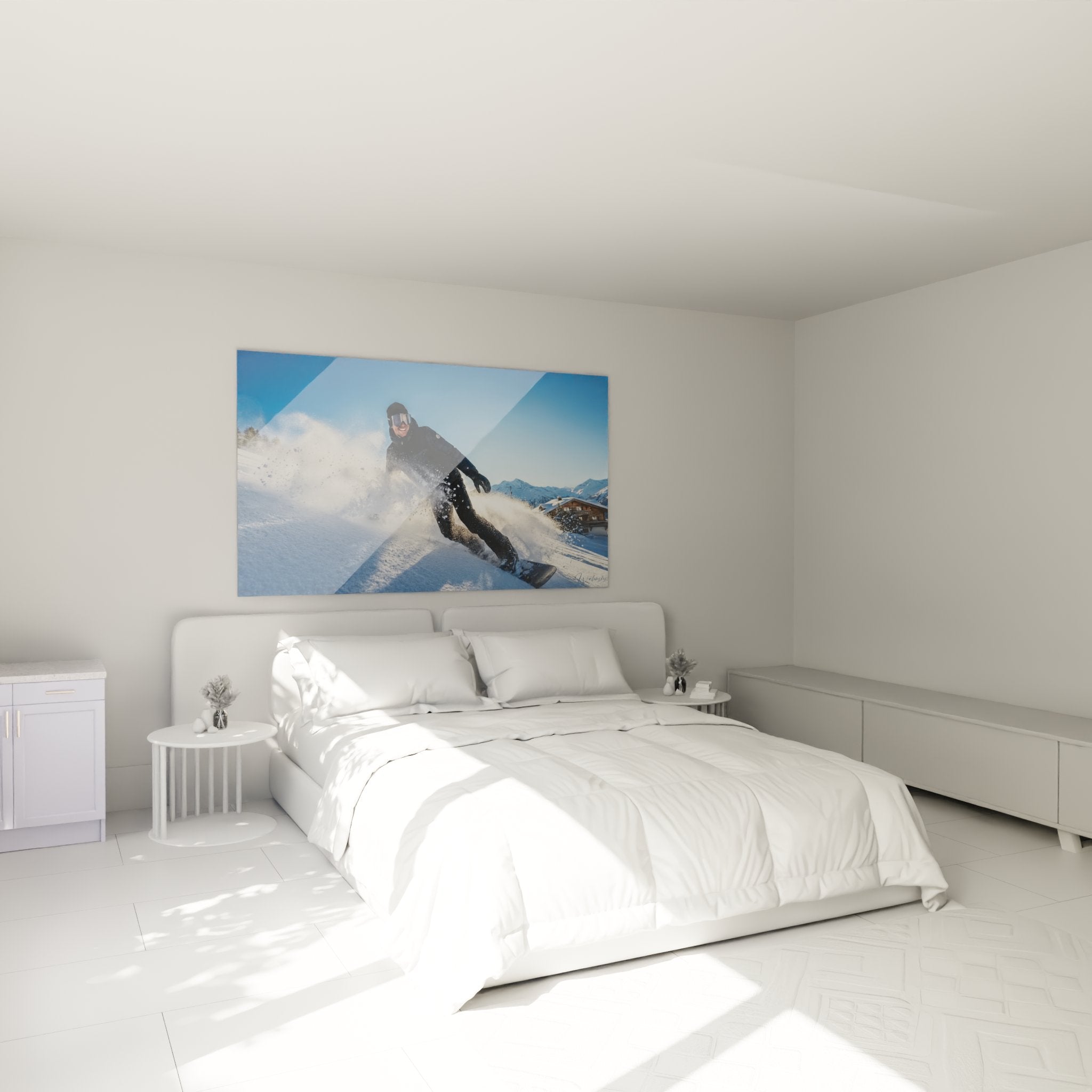 Snowboard Wandbild im modernen Schlafzimmer mit Wintermotiv und alpiner Berglandschaft