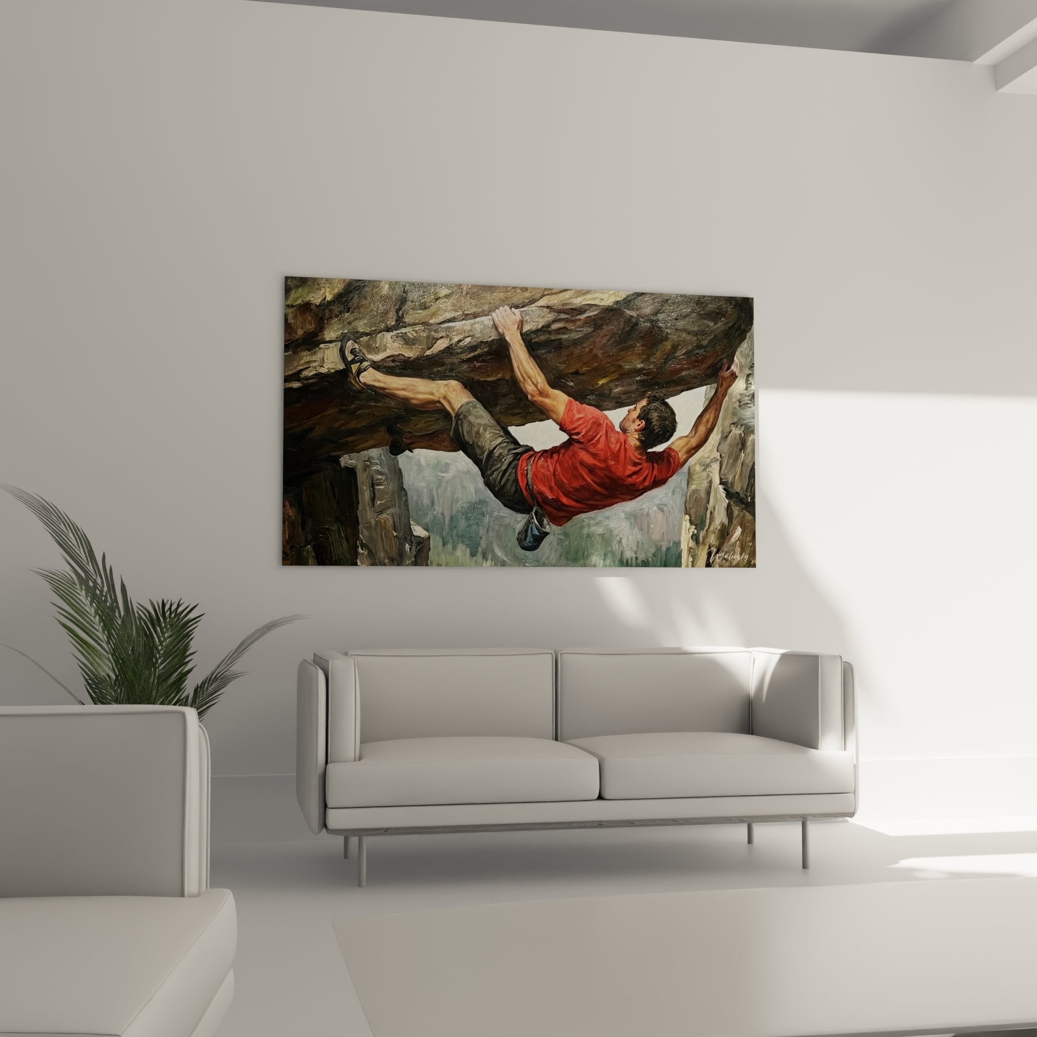 Detailansicht Wandbild Freeclimbing - Kletterer an Felsvorsprung mit realistischer Maltechnik