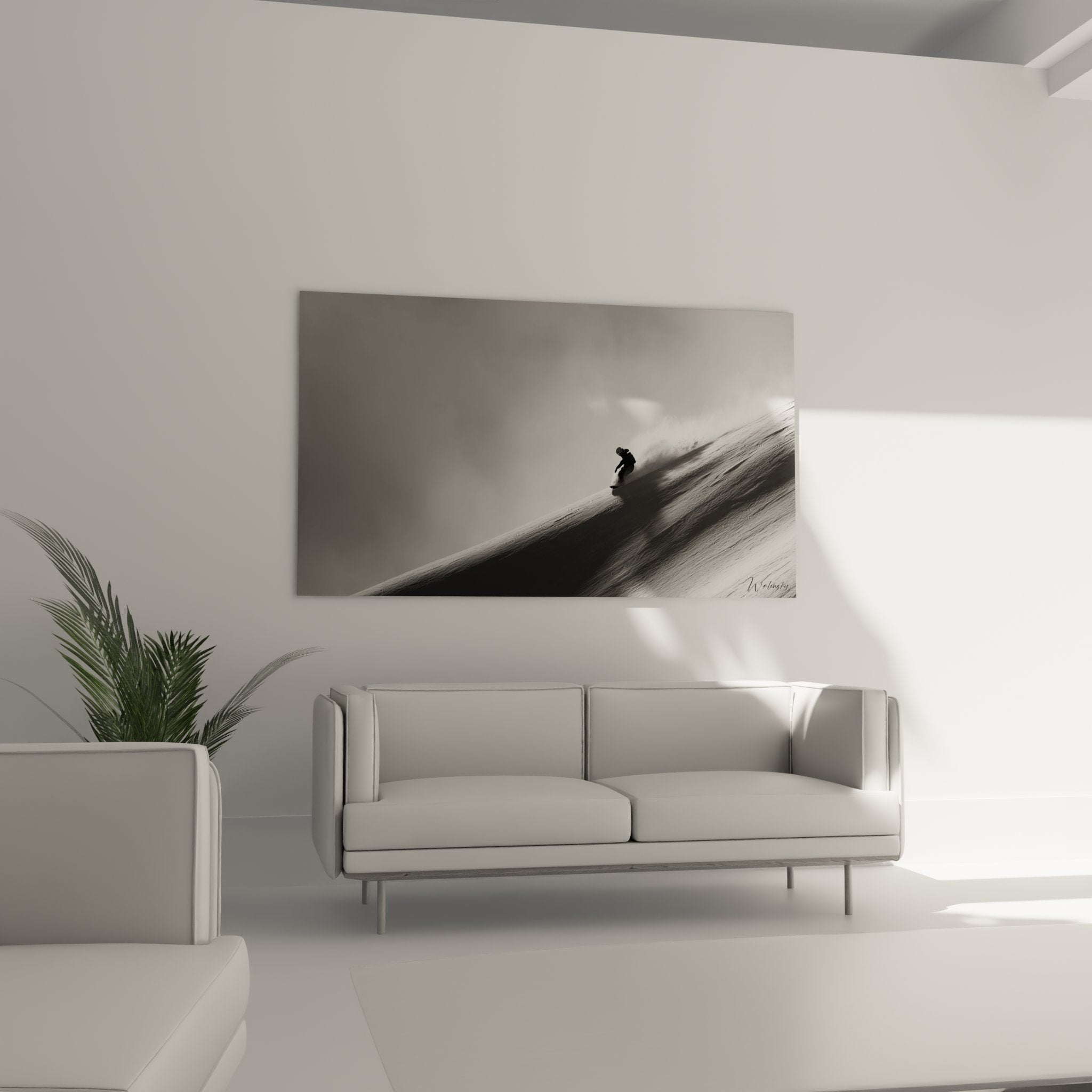 Detailansicht des Snowboard-Wandbildes zeigt Pulverschnee-Textur und Boarder-Silhouette