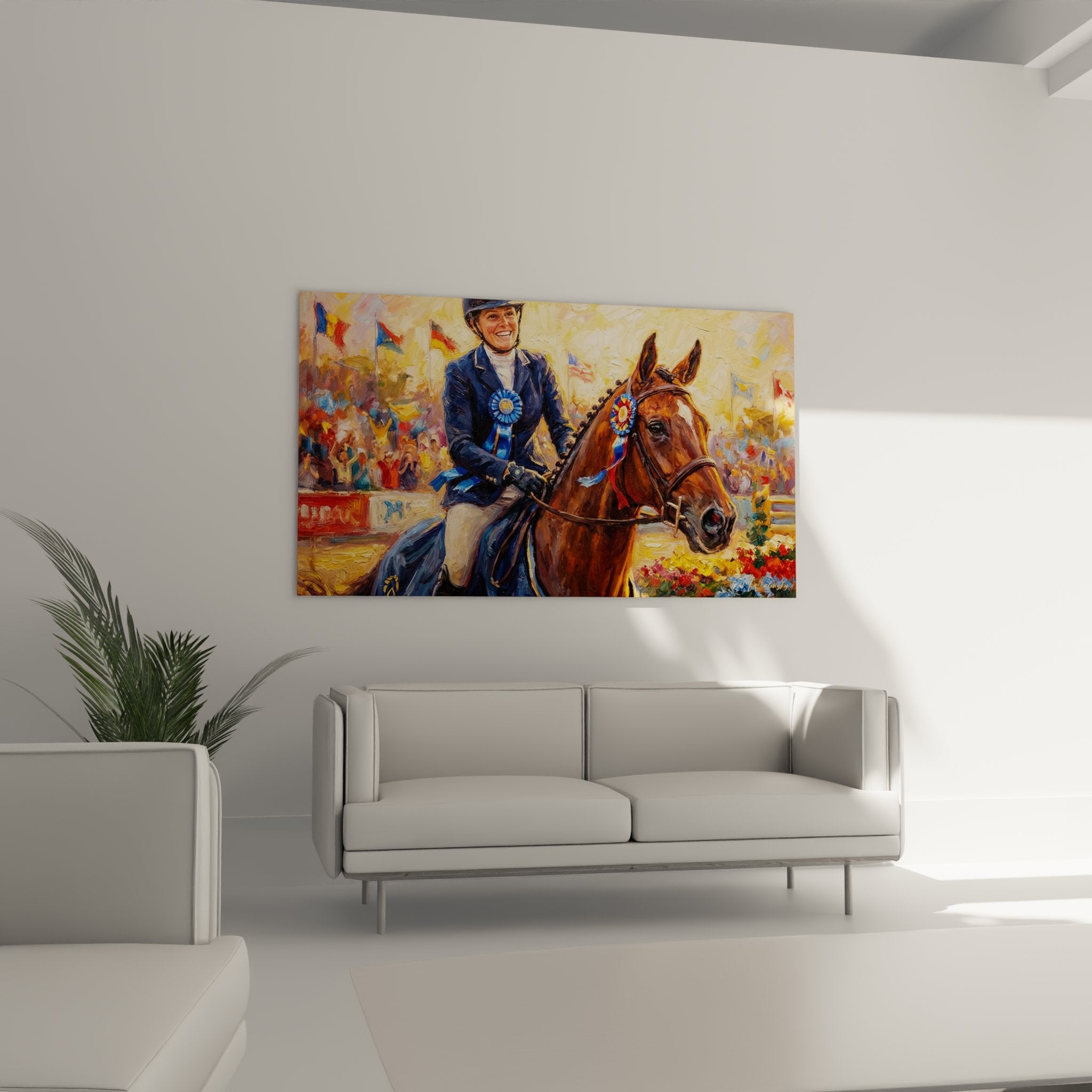 Nahaufnahme des Wandbildes zeigt Details der Reiterin mit Siegerschleife und des eleganten Pferdes