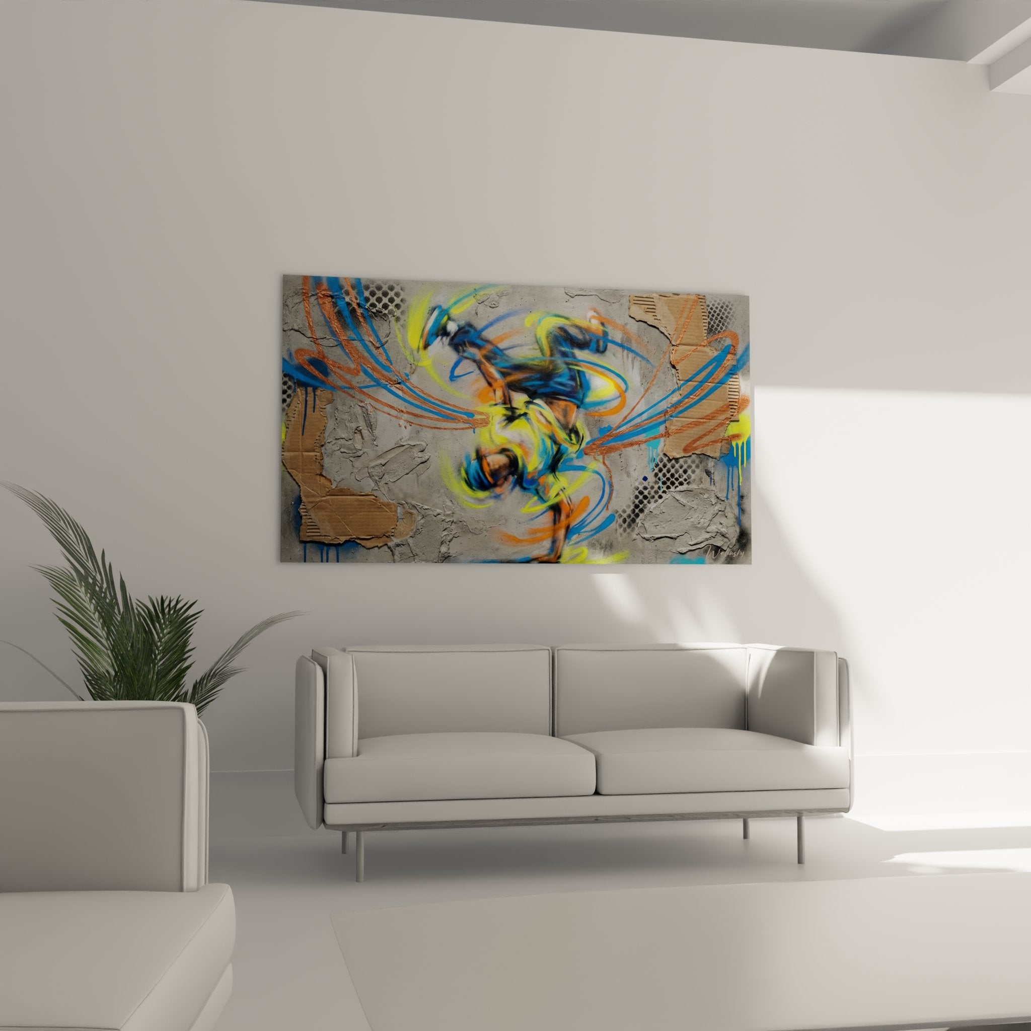 Nahaufnahme des abstrakten Tanzbildes mit texturiertem Hintergrund und dynamischen Farbverläufen