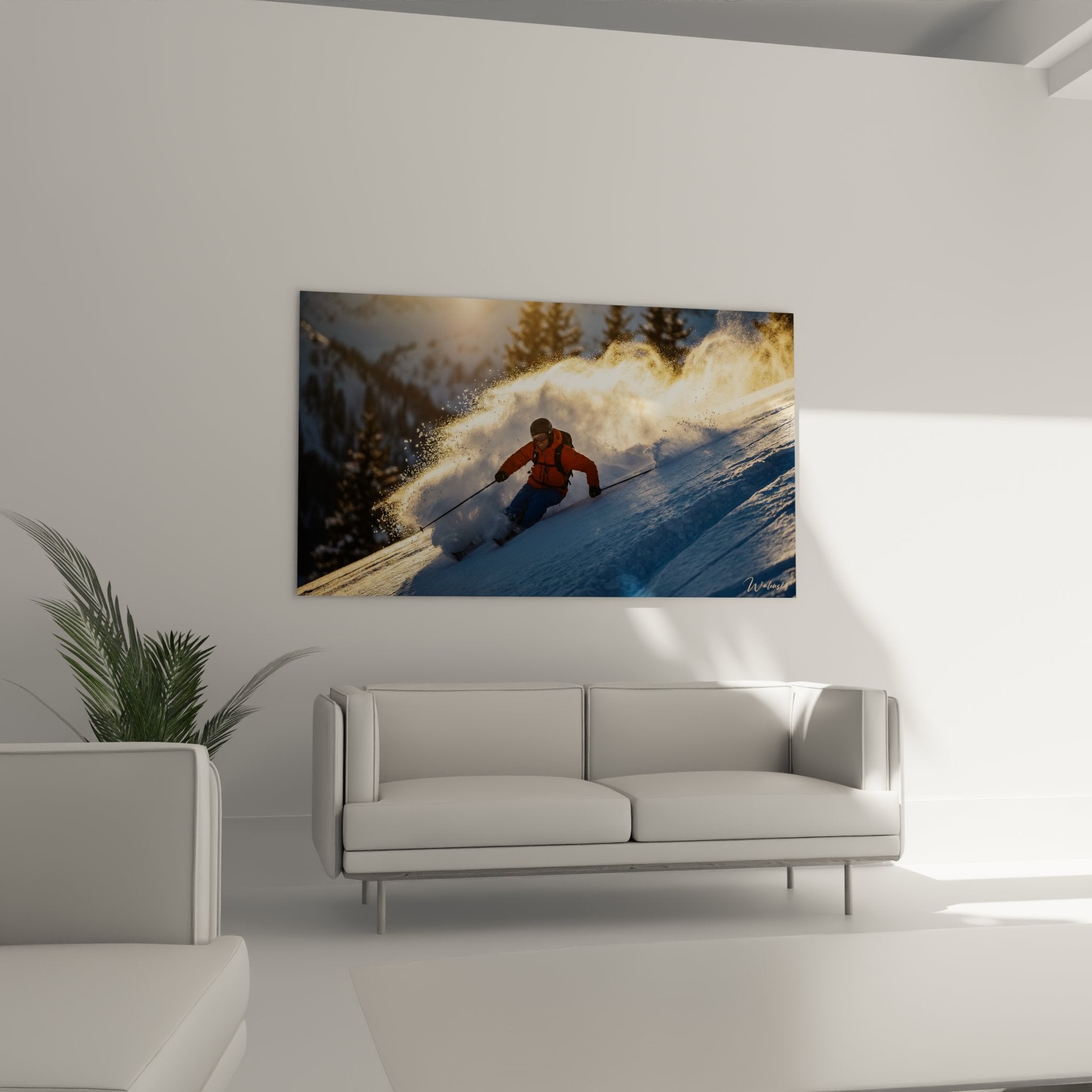 Detailaufnahme des Ski Wandbildes mit goldenem Schneepulver und professioneller Skitechnik im Fokus