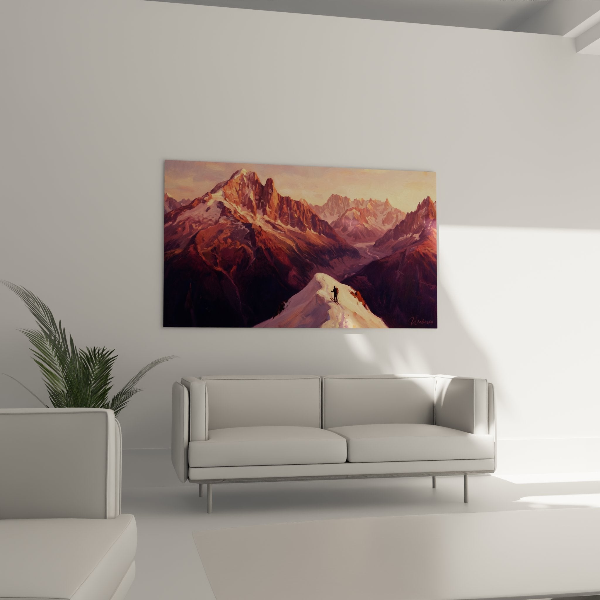 Detailaufnahme des Wandbilds mit Bergsteiger-Silhouette vor majestätischen Alpengipfeln im Morgenlicht