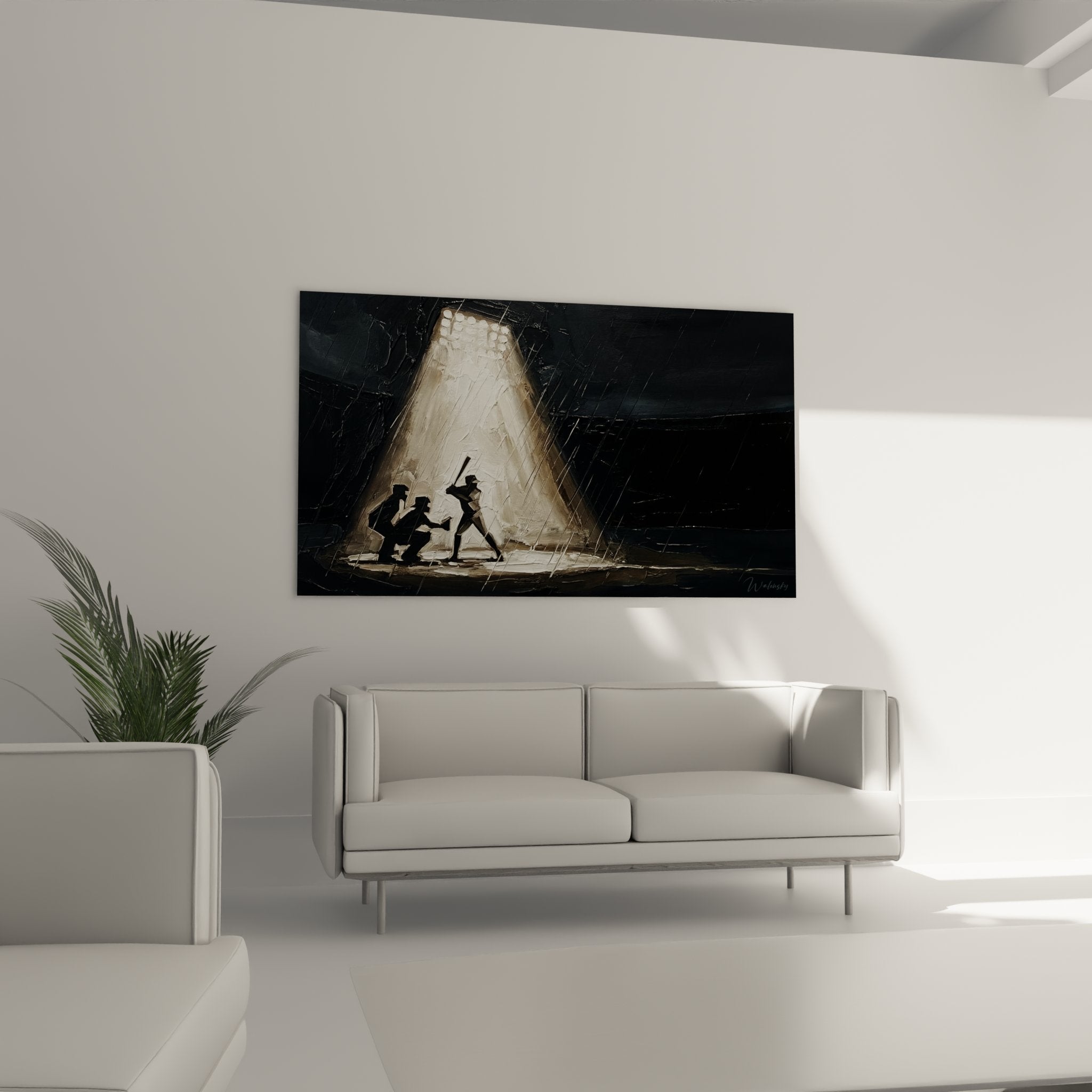 Nahaufnahme des Baseball Wandbilds zeigt expressive Pinselstriche und Kontraste zwischen Licht und Schatten der Spieler