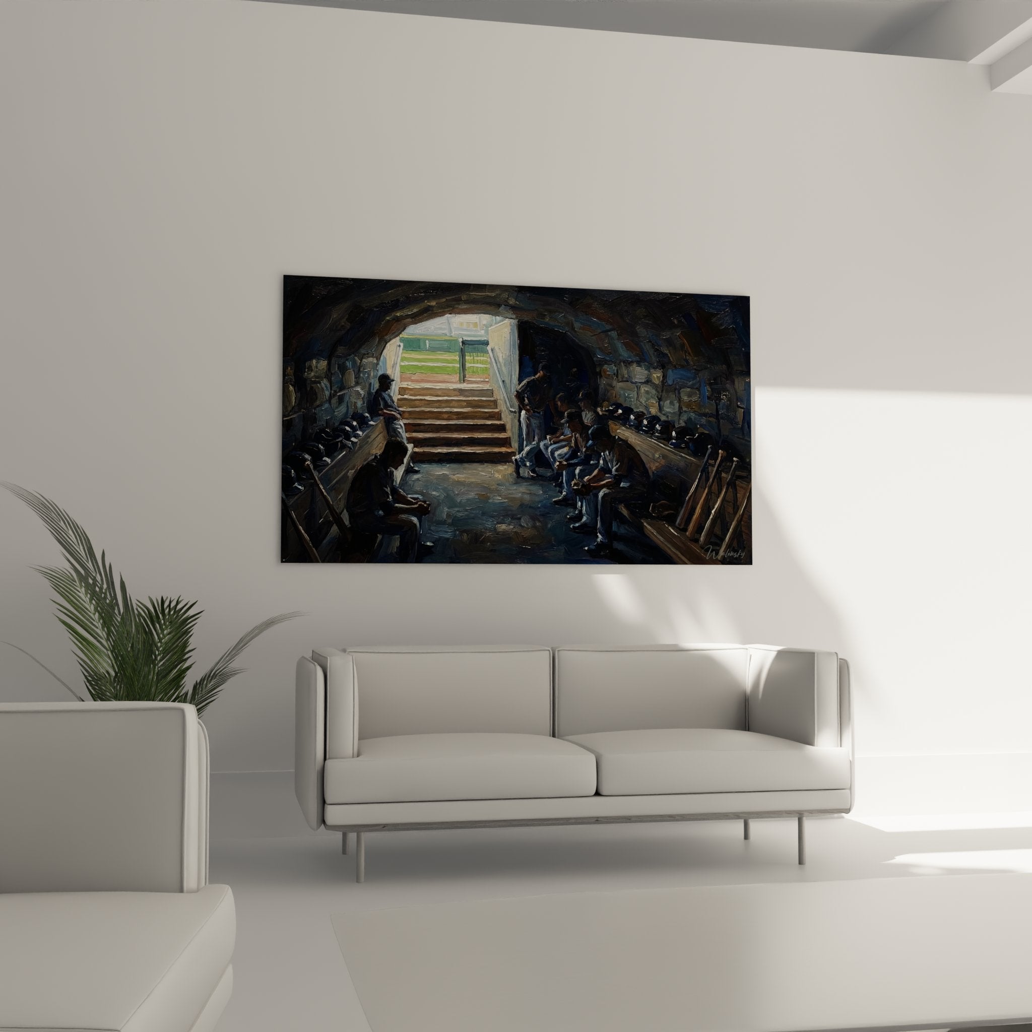 Nahaufnahme Baseball-Spieler im Dugout in dunkelblauen Uniformen auf Holzbänken sitzend