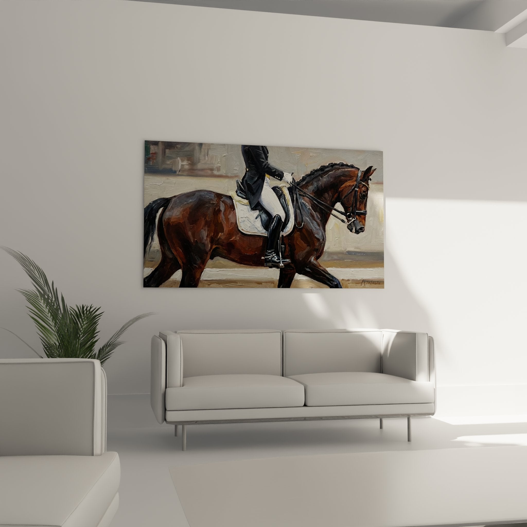Detailansicht Wandbild Dressurpferd mit Reiter, kunstvolle Pinselstriche und warme Brauntöne