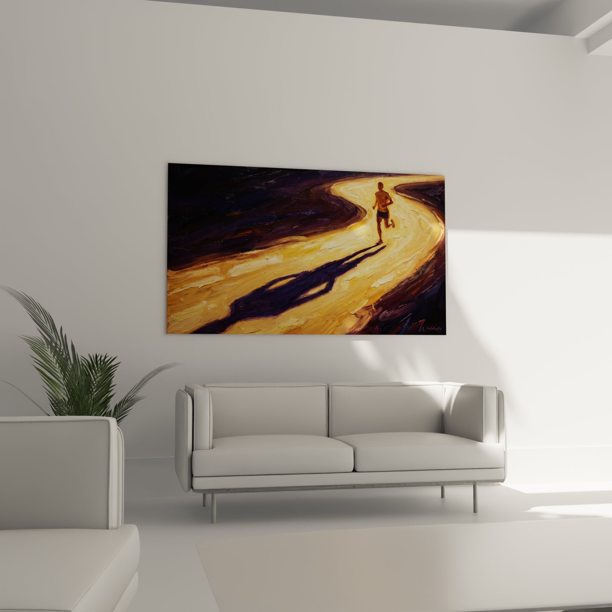 Nahaufnahme des Wandbildes zeigt Details der goldenen Pinselstriche und Läufer-Silhouette