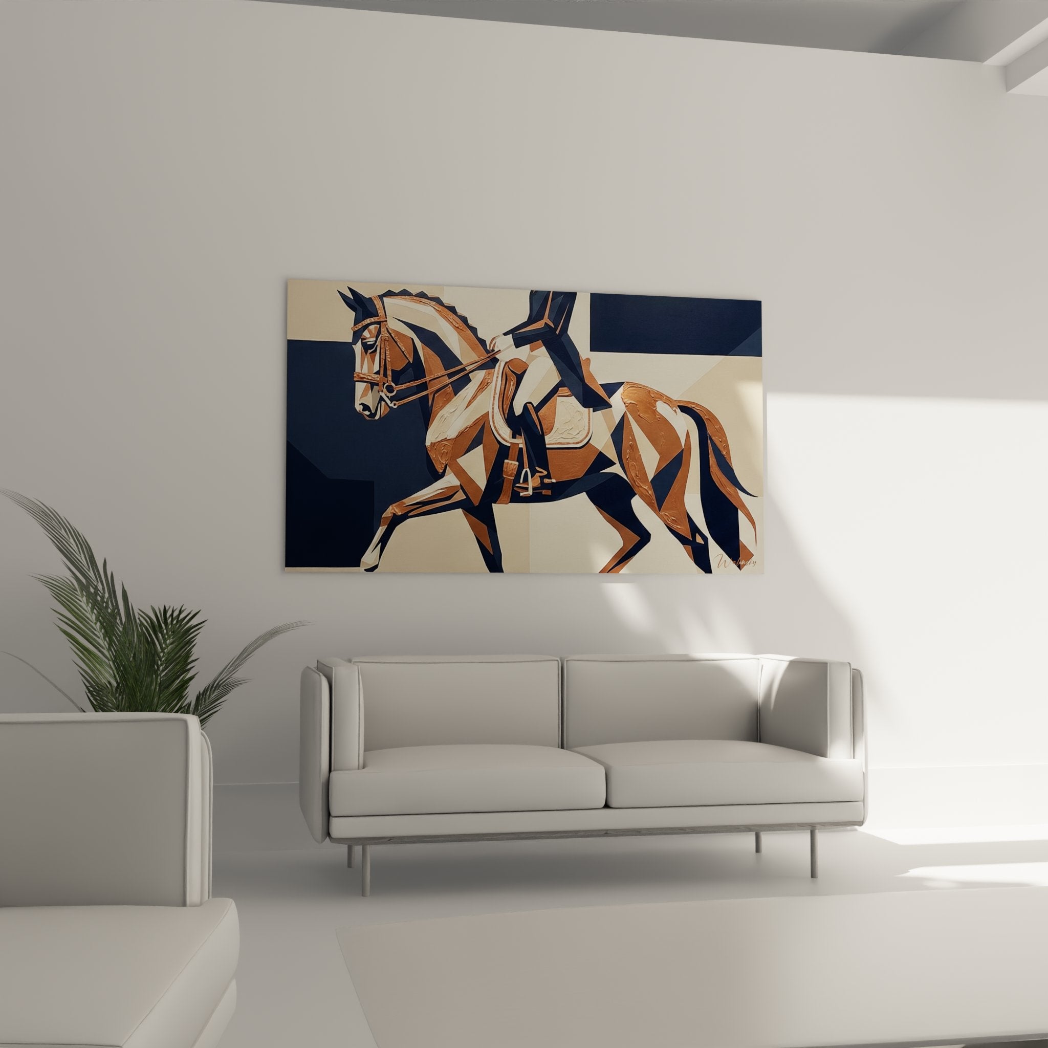 Detailansicht des geometrischen Dressurpferd Wandbildes mit präzisen Linien und harmonischer Farbgebung