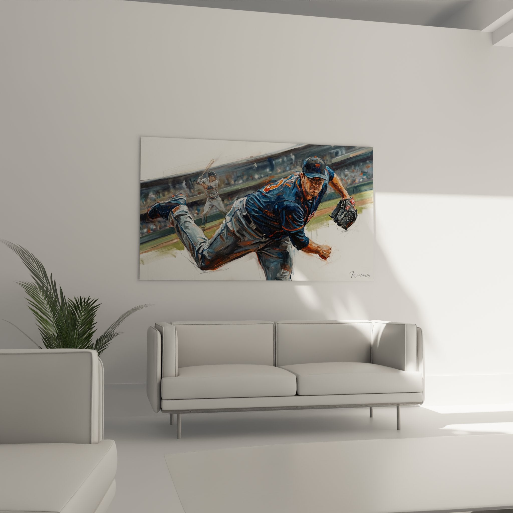 Nahaufnahme des Baseball Wandbildes mit detaillierter Pitcher Darstellung