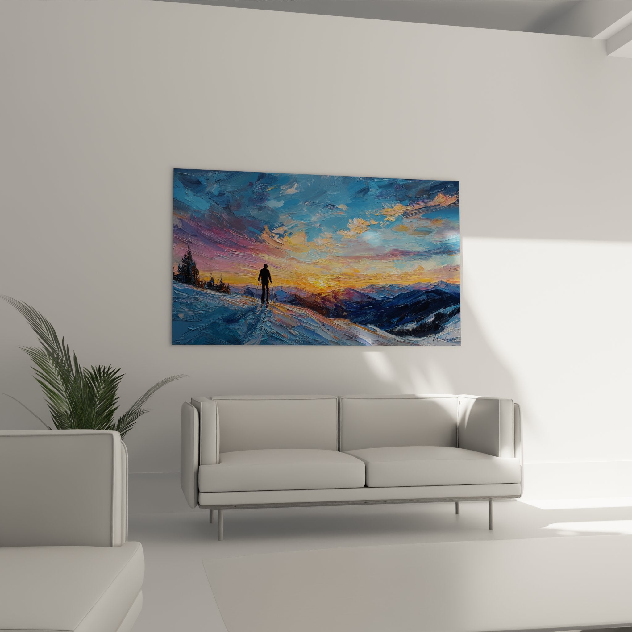 Detailaufnahme des Skifahrer Wandbildes mit expressiven Pinselstrichen und leuchtenden Sonnenuntergang-Farben