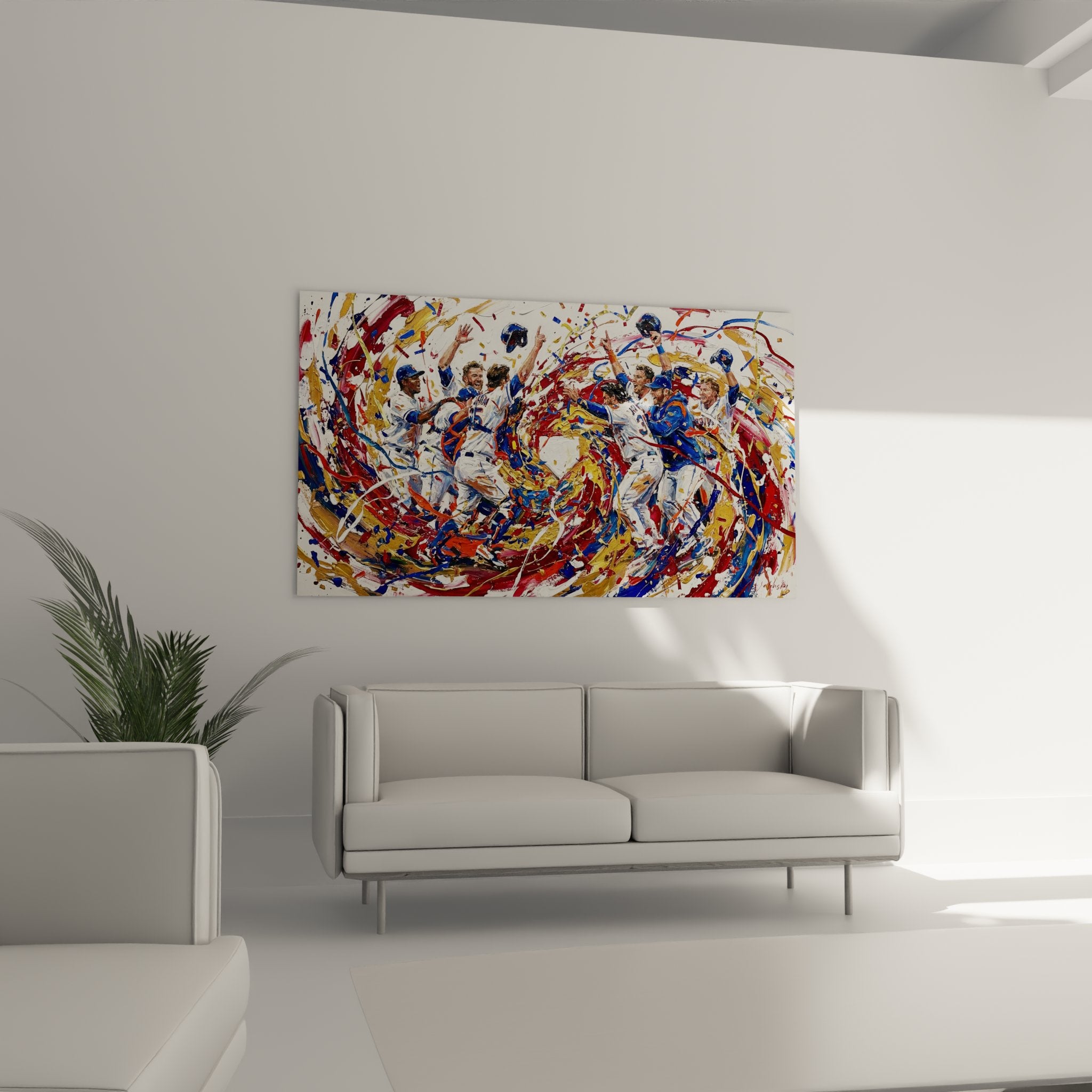 Detailaufnahme der expressiven Pinselführung und Farbgebung im Baseball Teamgeist Wandbild