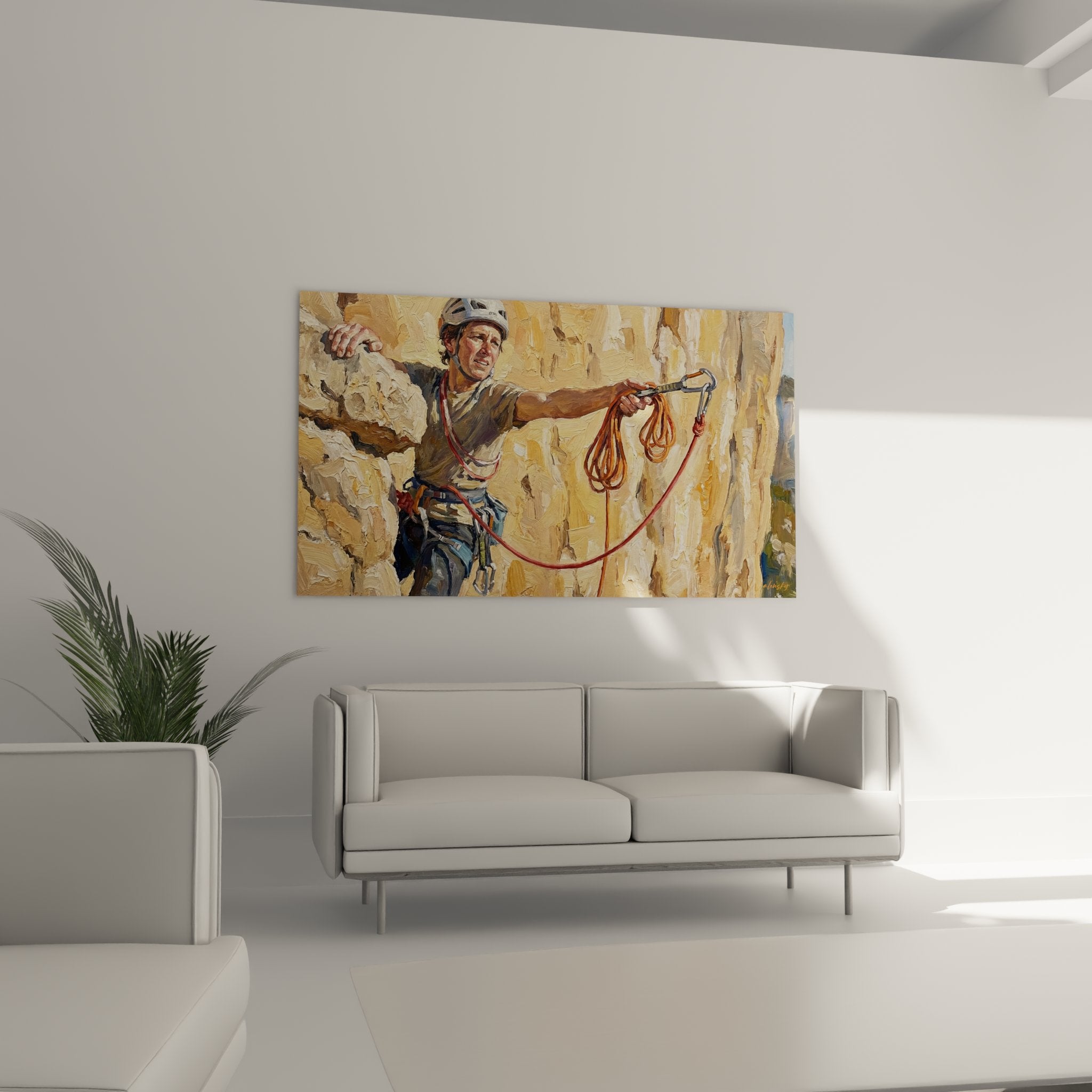 Detailaufnahme des Kletterer Wandbildes zeigt präzise Pinselführung und warme Erdtöne der Felswand