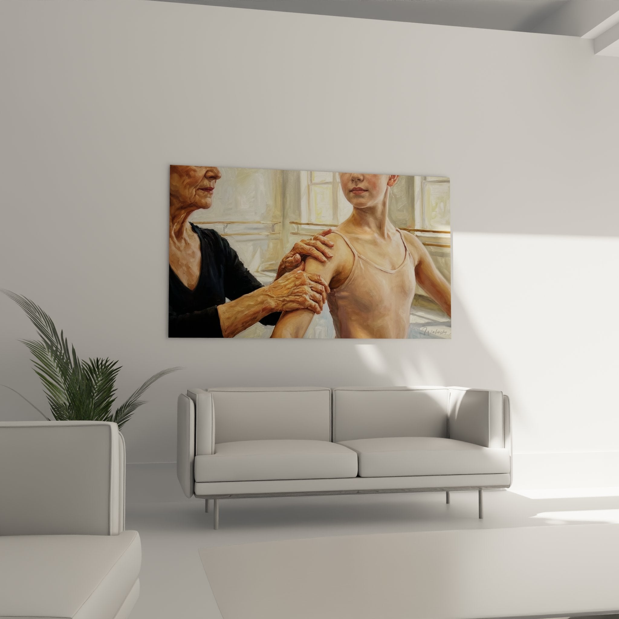 Nahaufnahme des Ballett-Wandbildes zeigt Details der Tänzerin und die warme Farbgestaltung