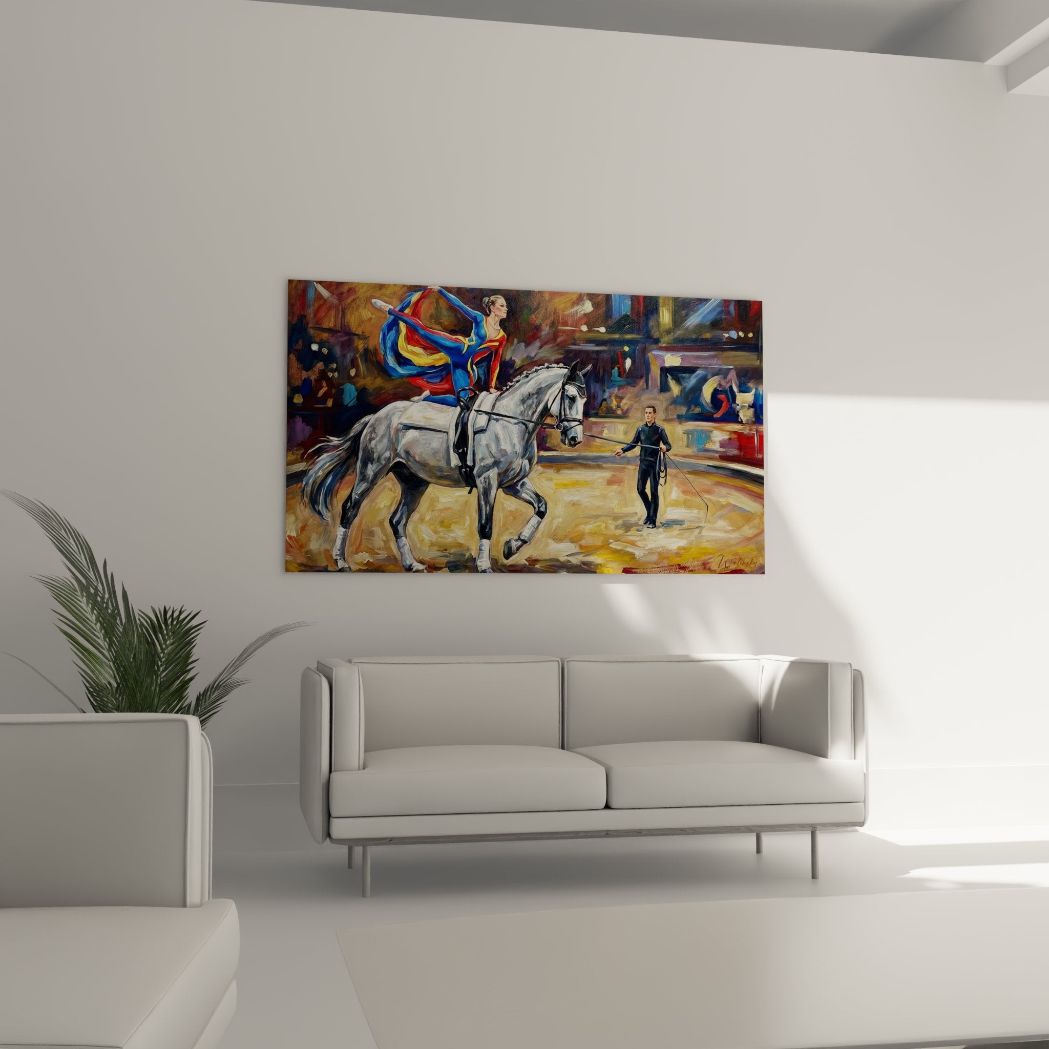 Detailansicht Wandbild Dressurreiten mit weißem Pferd und Reiterin in leuchtenden Farben