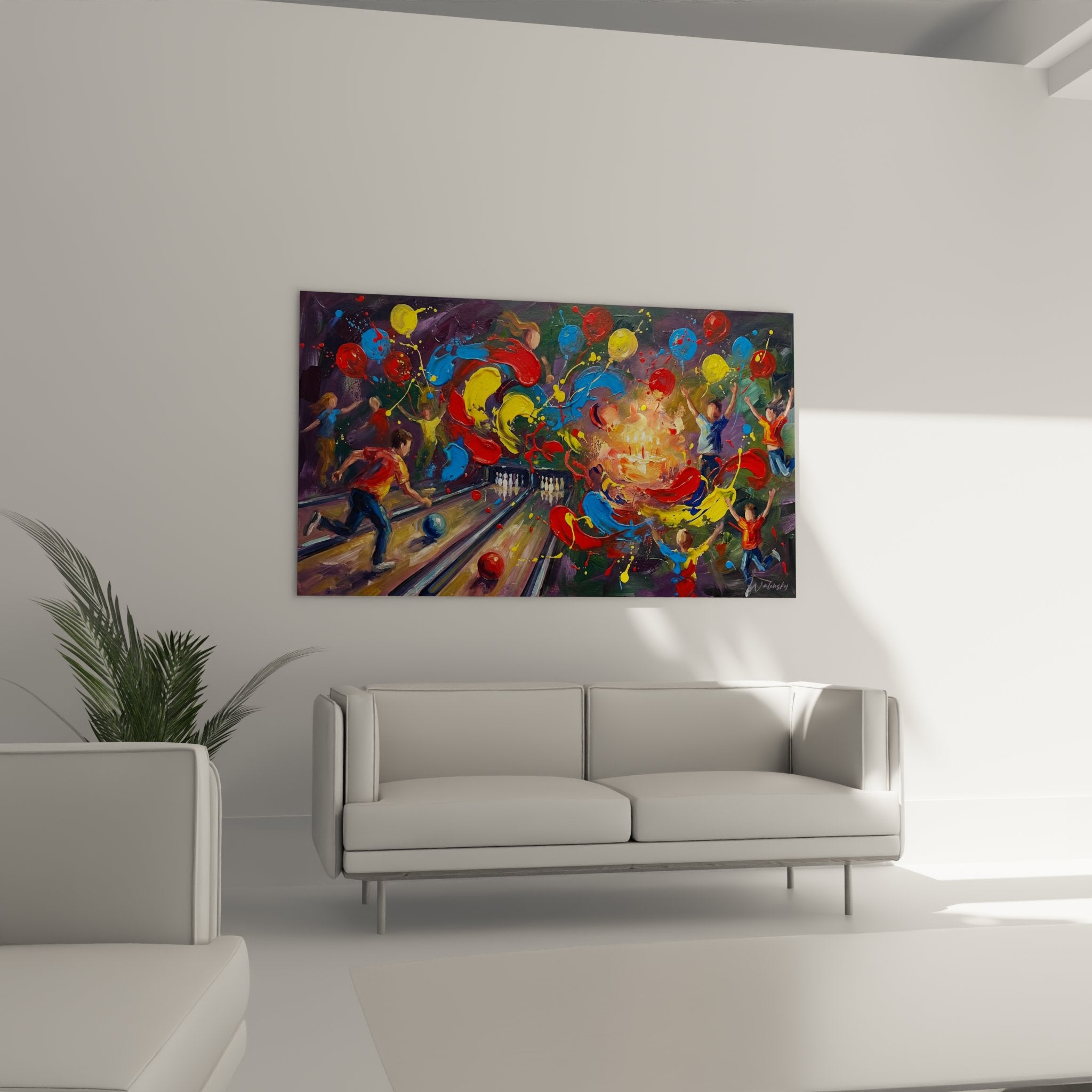 Detailaufnahme des abstrakten Bowling Wandbildes mit wirbelnden Rot-, Blau- und Gelbtönen