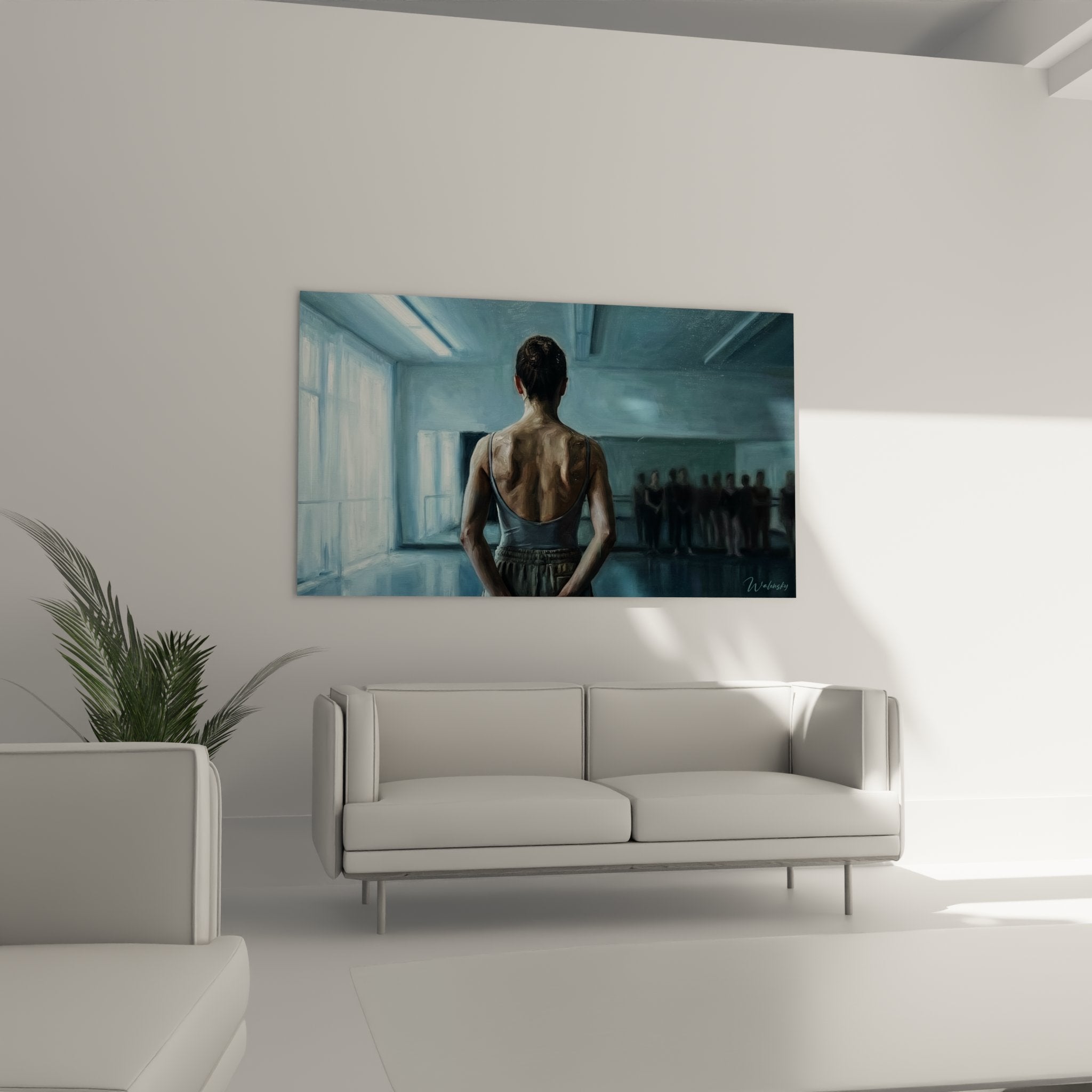 Nahaufnahme Balletttänzerin Wandbild, detailreiche Darstellung der athletischen Silhouette im Tanzsaal