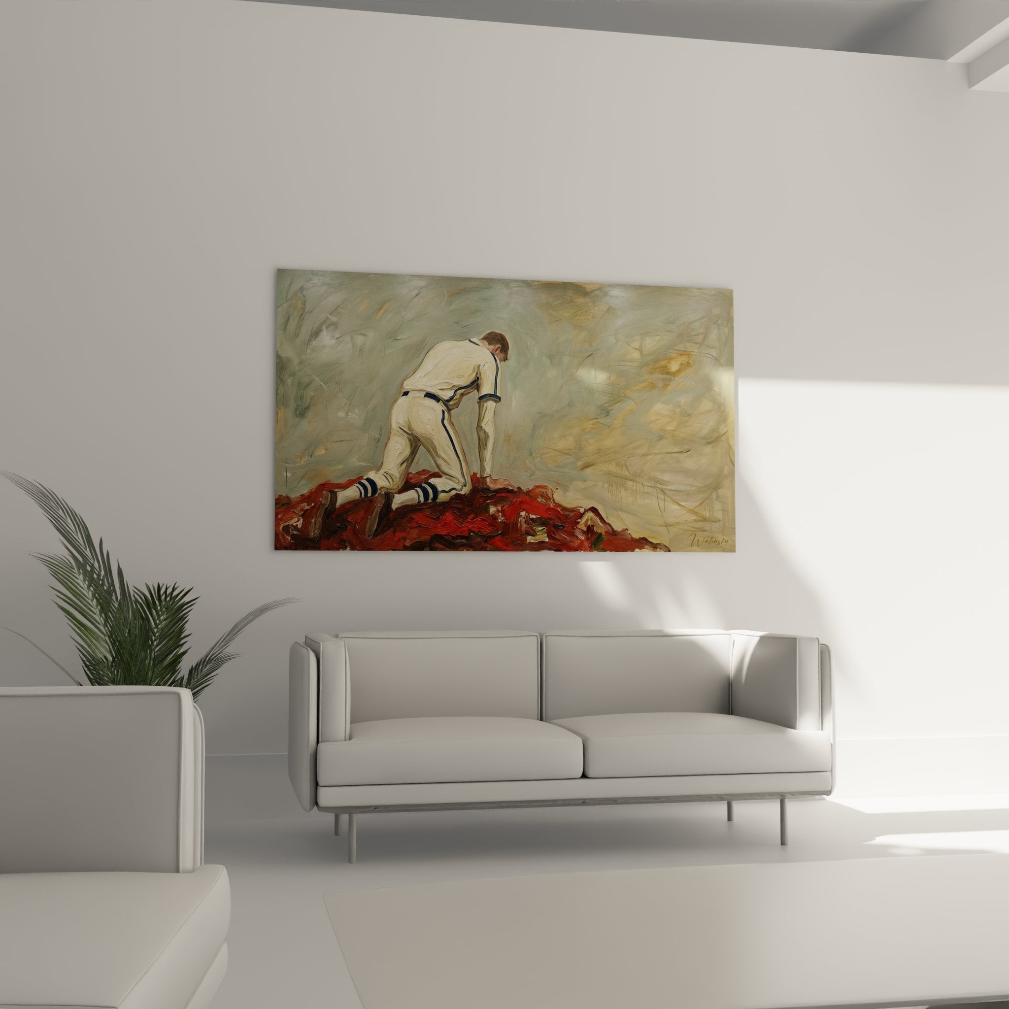 Nahaufnahme Baseball-Wandbild zeigt Details der weißen Uniform und expressiven Malweise des Pitcher-Motivs