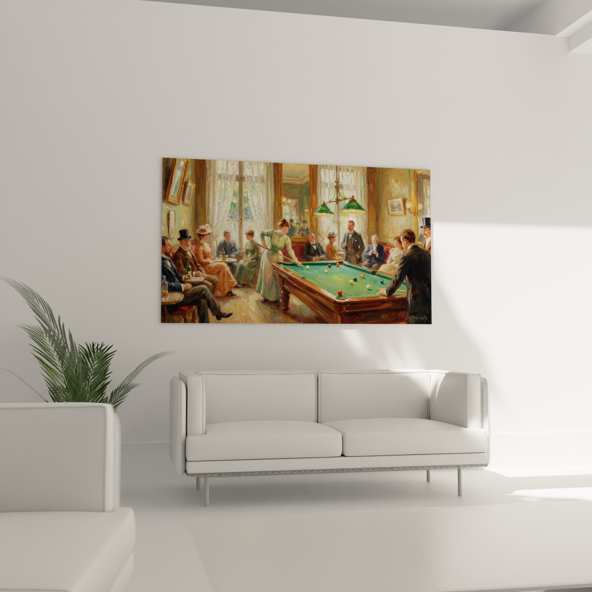 Detailansicht Billardtisch Wandbild mit grünem Filz und eleganter Dame beim Billardspiel