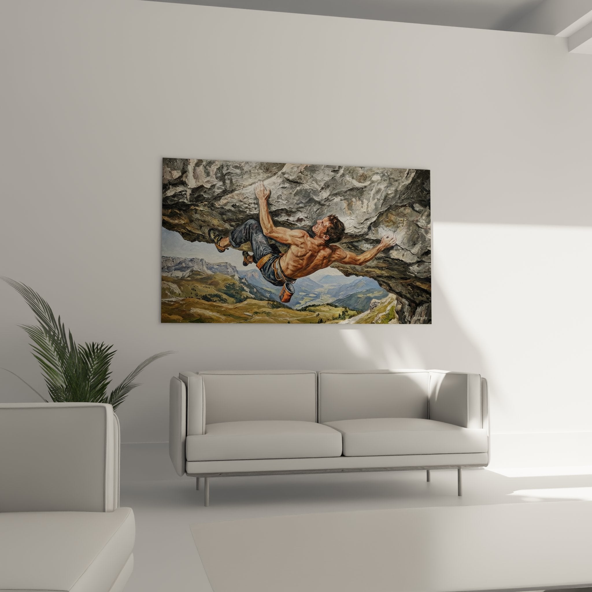 Detailaufnahme Wandbild kraftvoller Kletterer an grauer Felswand - realistische Kletterszene