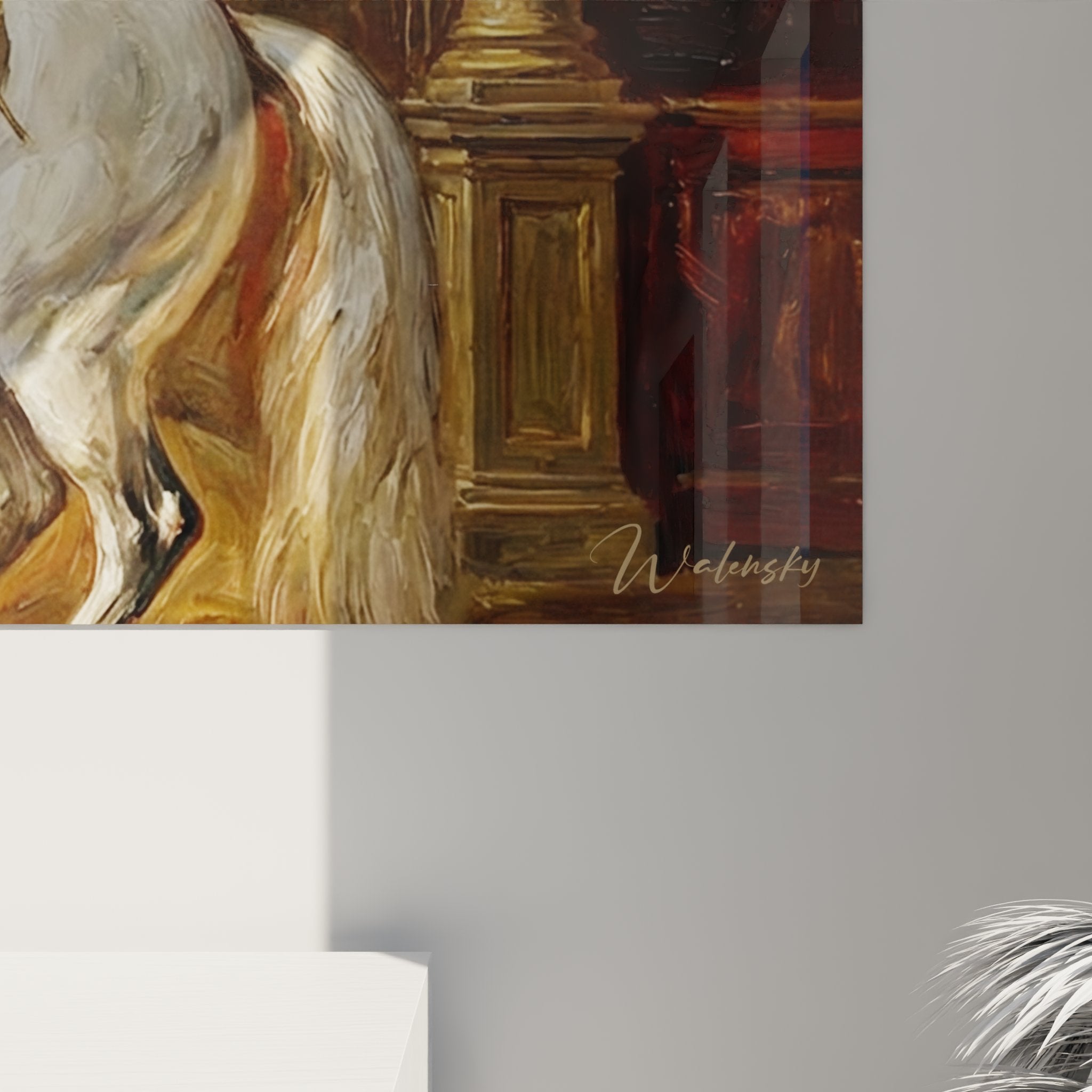 Gesamtansicht des klassischen Reitkunst-Wandbildes - historische Szene mit Pferd und Reiter in Barockhalle