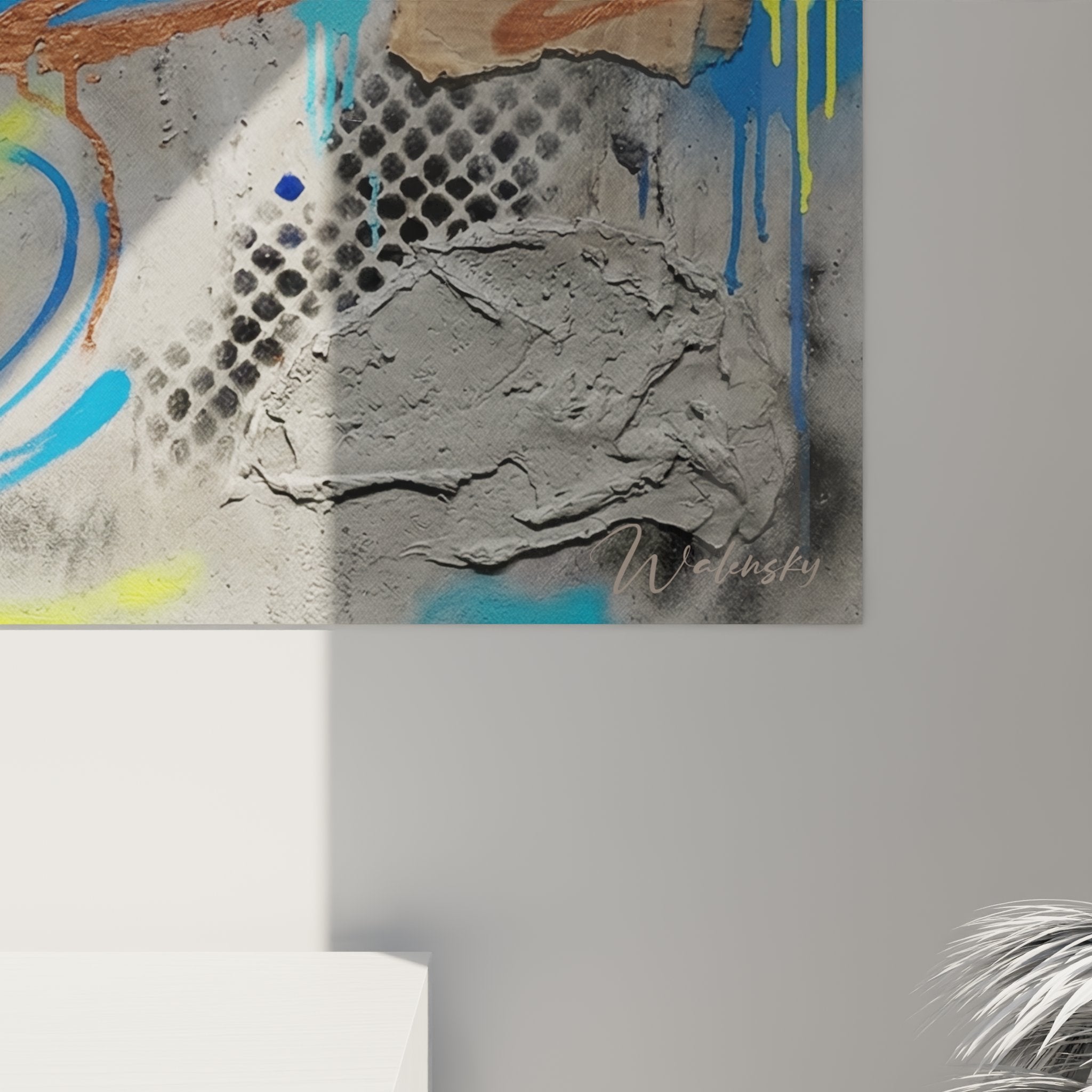 Gesamtansicht des Wandbildes mit abstrakter Tanzfigur, zeigt die volle Dynamik der Bewegungskunst