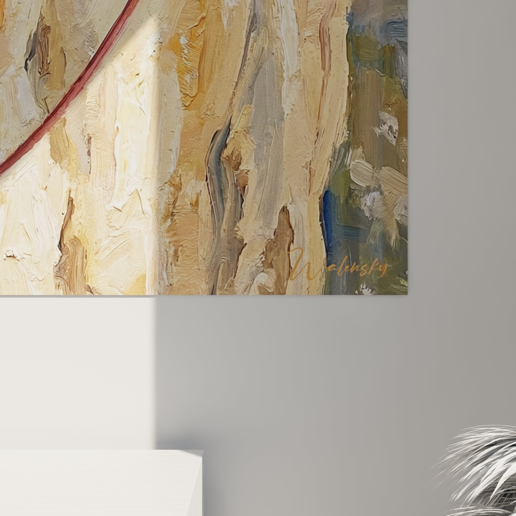 Gesamtansicht des Kletterer Wandbildes mit goldener Felswand und dynamischer Sportdarstellung